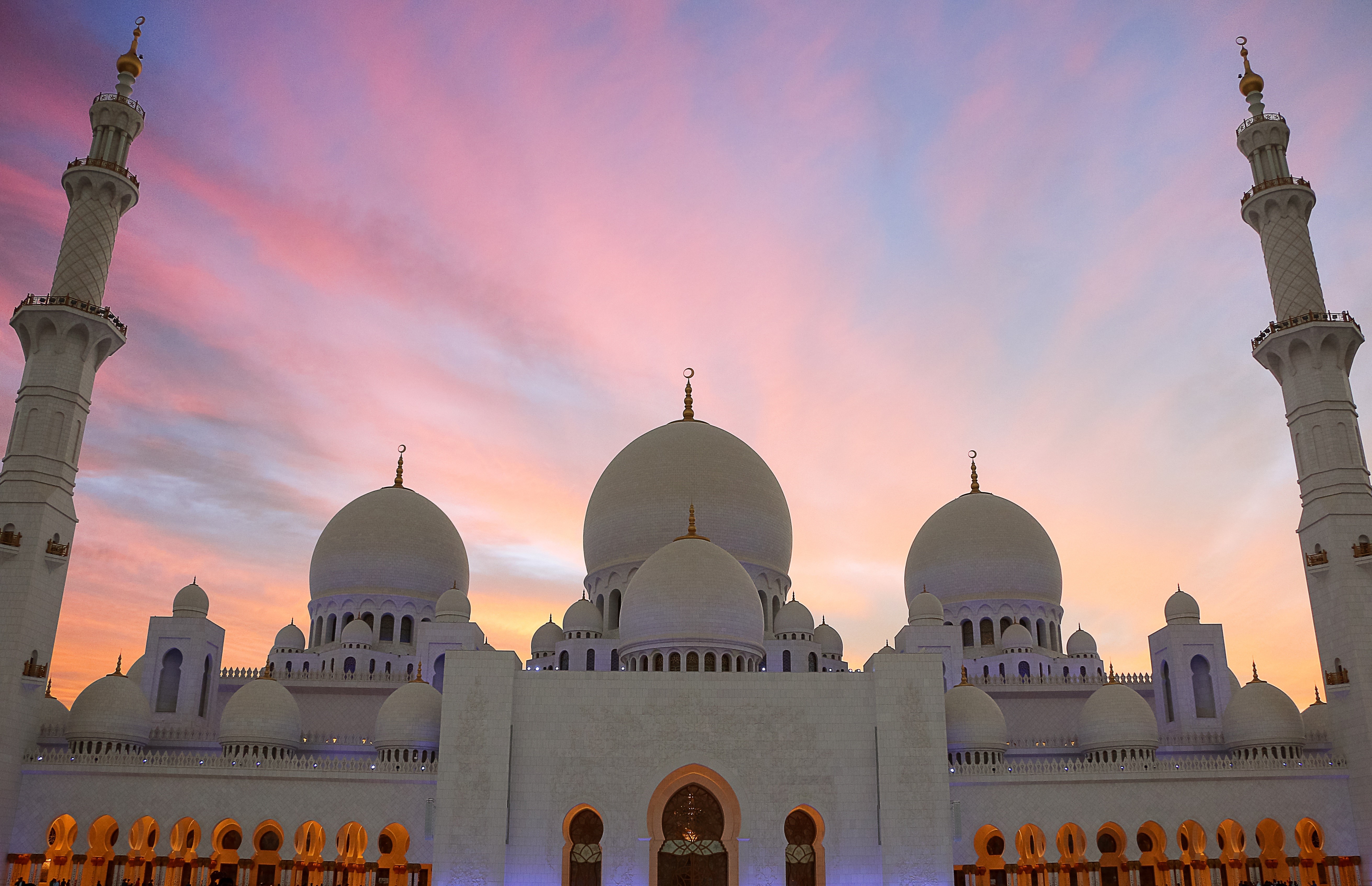 religion, uae, built structure, arabic, mosque, prayer, tourism, sheikh zayed mosque, sunset, abu, white, no people, place of worship, outdoors, dhabi, HD Wallpaper