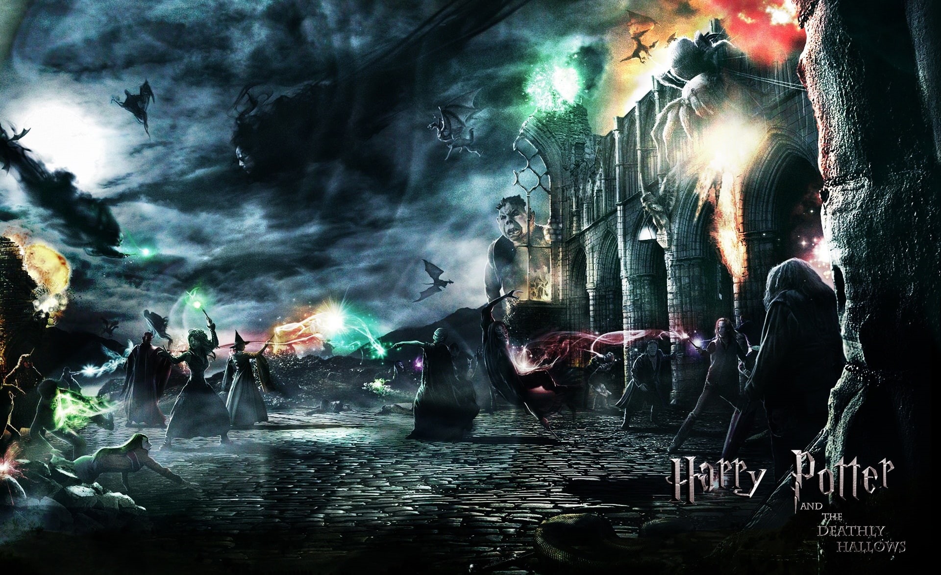deathly, crowd, group of people, Harry Potter, 2010 harry potter, outdoors, 1080P, illuminated, water, light, flowing water, Movies, nature, HD Wallpaper