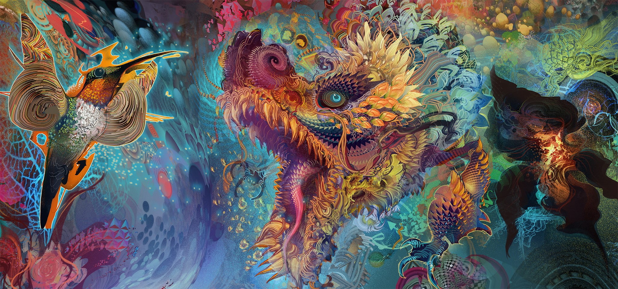 trippy, psychedelic, 1080P, birds, dragon, HD Wallpaper