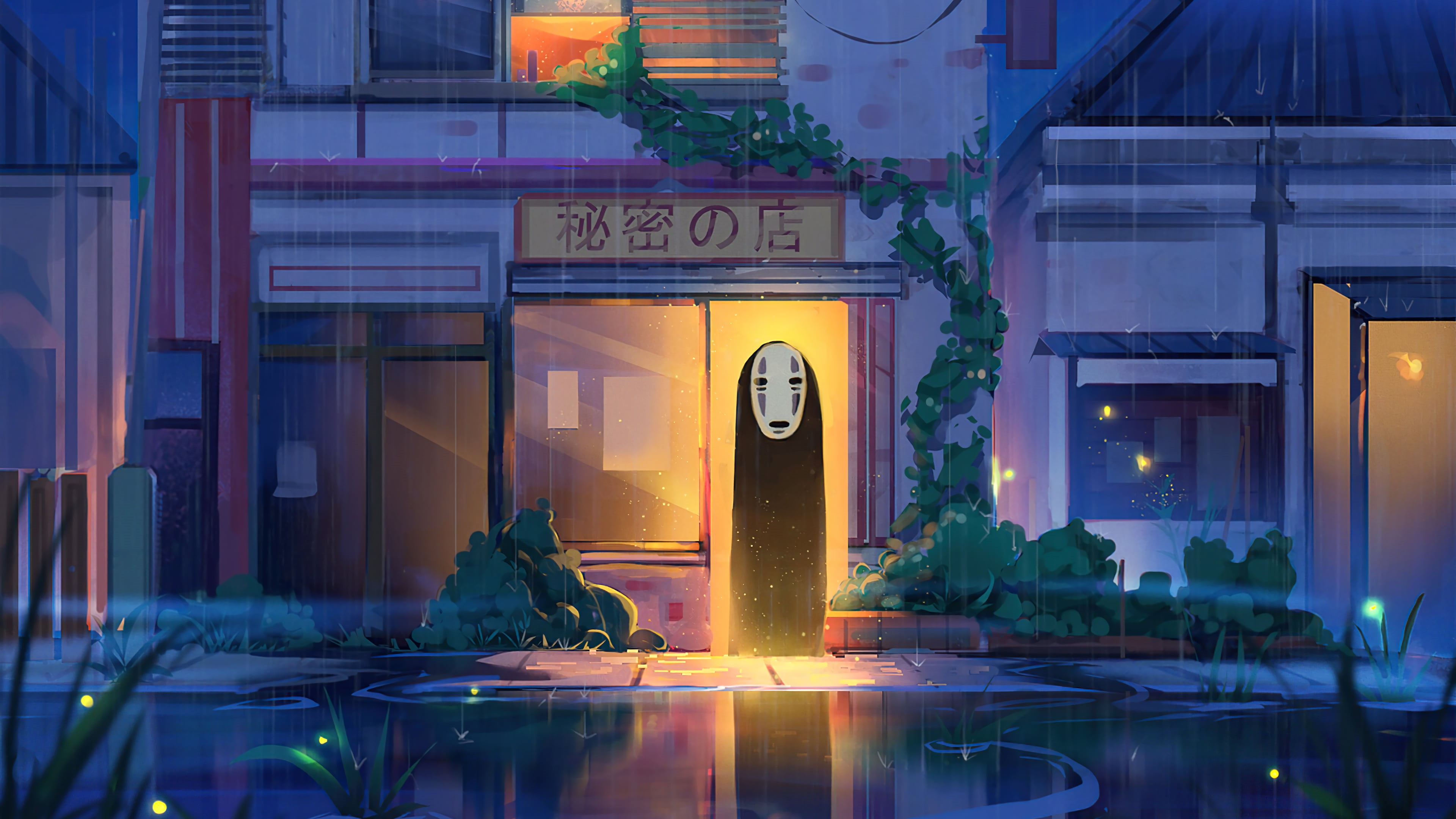 rain, reflection, Spirited Away, Kaonashi, light effects, 4K, HD Wallpaper