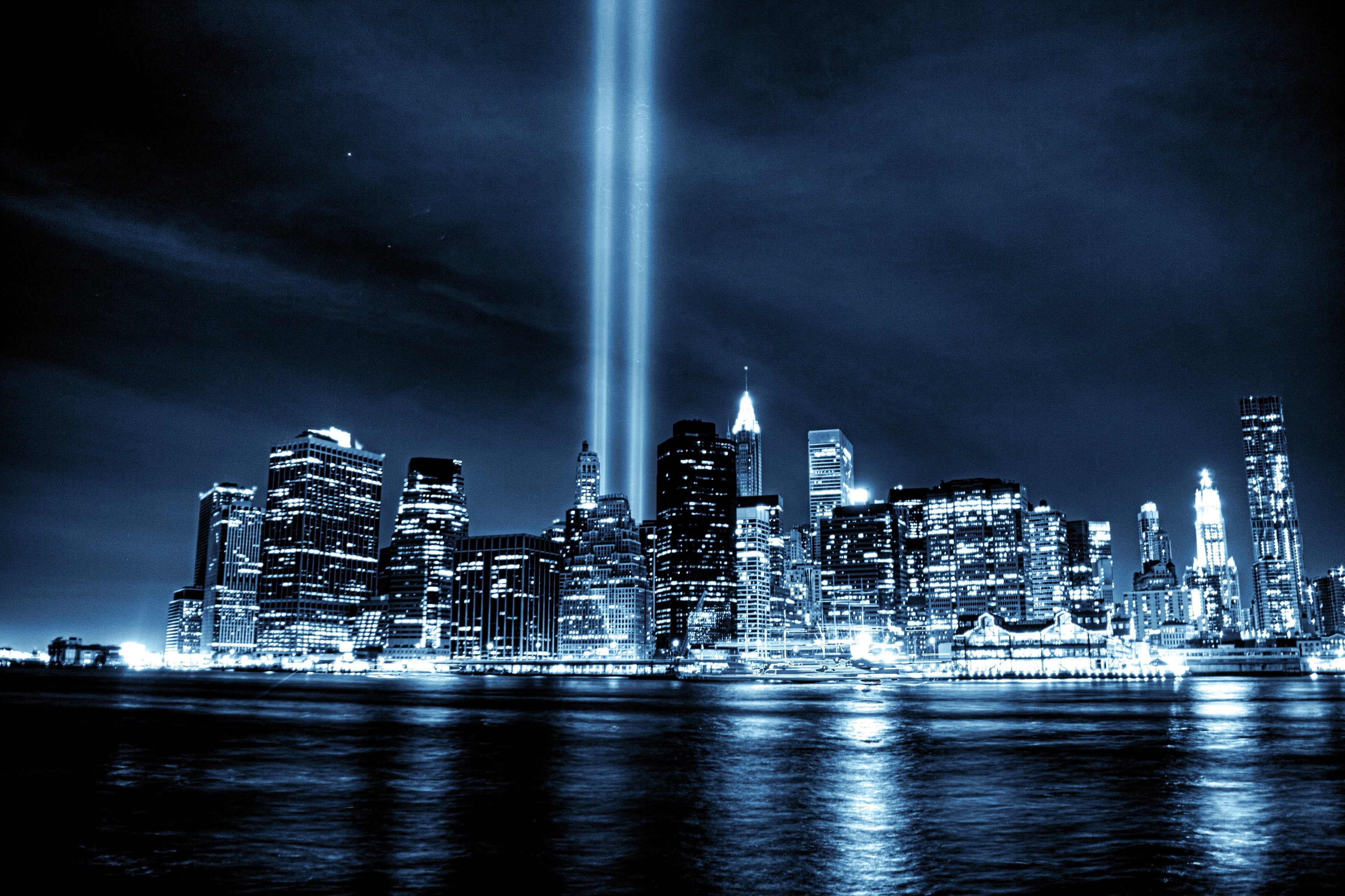 Night  Light, building Exterior, Dark City, near, body of water, Tonight, East River, Skyscraper, urban Scene, Tribute in Light, 2K, city, WTC, New York  New York, HD Wallpaper