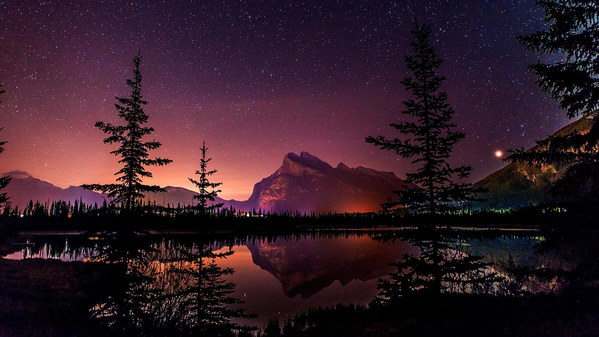 reflection, night sky, starry, starry night, night, vermillion, stars, lake, 1080P, reflected, nature, HD Wallpaper