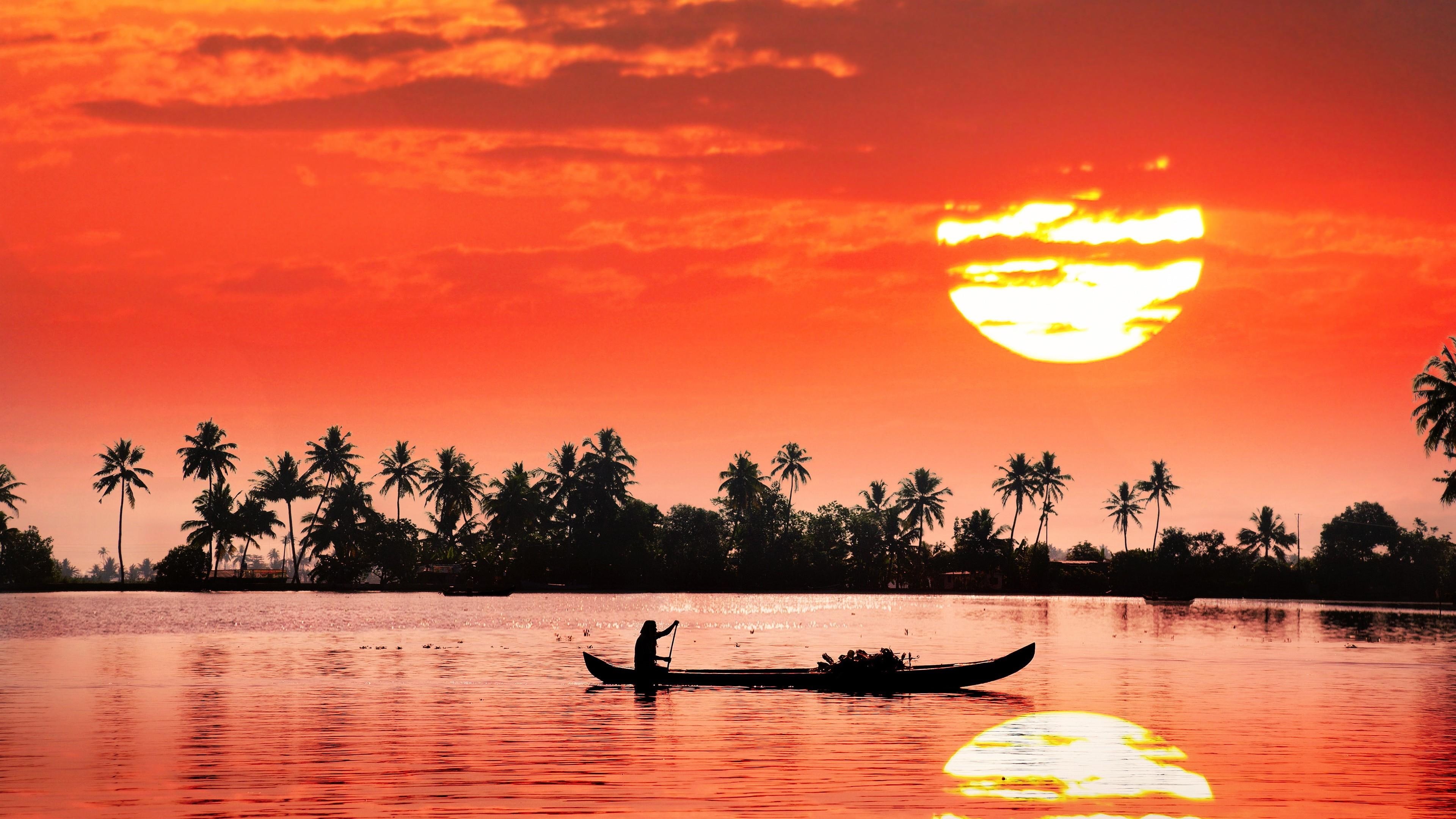 india, sunset, horizon, water, 4K, sun, backwater, evening, afterglow, red sky, river, red sunset, kochi, dusk, kerala, calm, backwaters, reflection, asia, HD Wallpaper