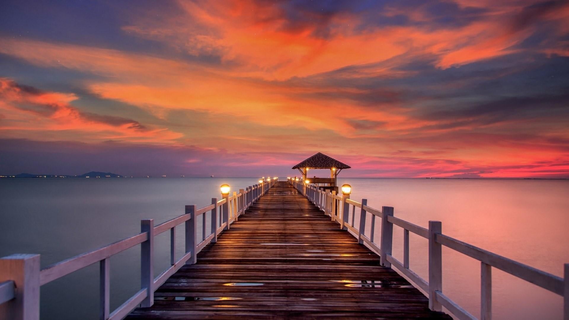 beach, afterglow, sunset, horizon, lighting, sun, wood - material, sea, ocean, romantic, dusk, direction, trip, vacations, the way forward, calm, nature, HD Wallpaper