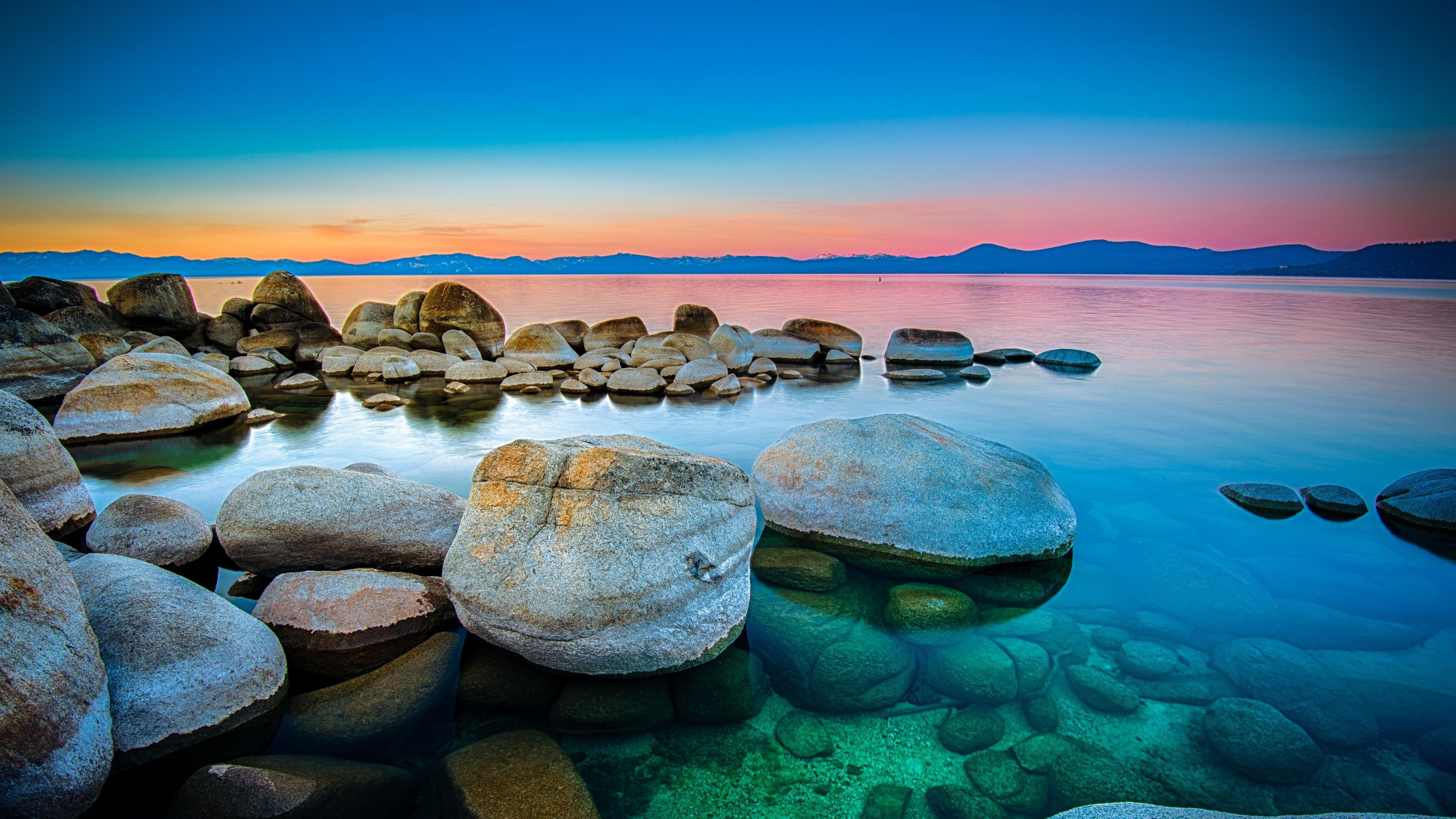 calm, coast, lake, dawn, morning, 5k, 5K, sunrise, nature, horizon, sea, stone, sky, united states, ocean, lake tahoe, 5k uhd, reflection, rock, landscape, HD Wallpaper