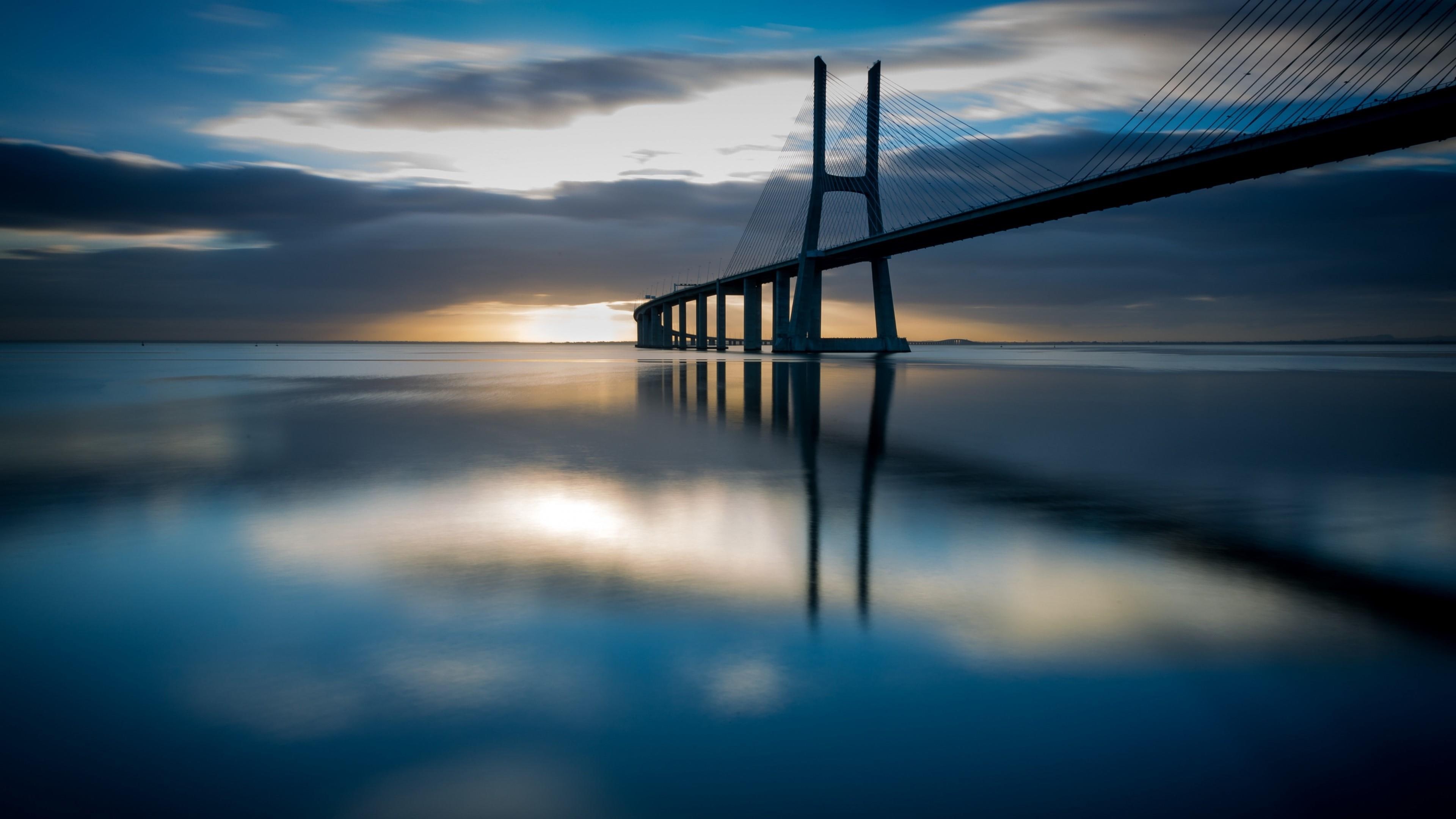 4K, sea, sky, lisbon, morning, portugal, cloud, calm, dawn, water, reflection, tagus river, horizon, sunrise, river, vasco da gama bridge, HD Wallpaper