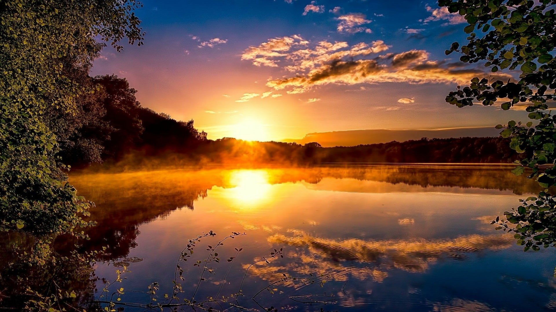 sky, water, morning, sunlight, dawn, nature, lake, sunrise, reflection, horizon, 1080P, HD Wallpaper
