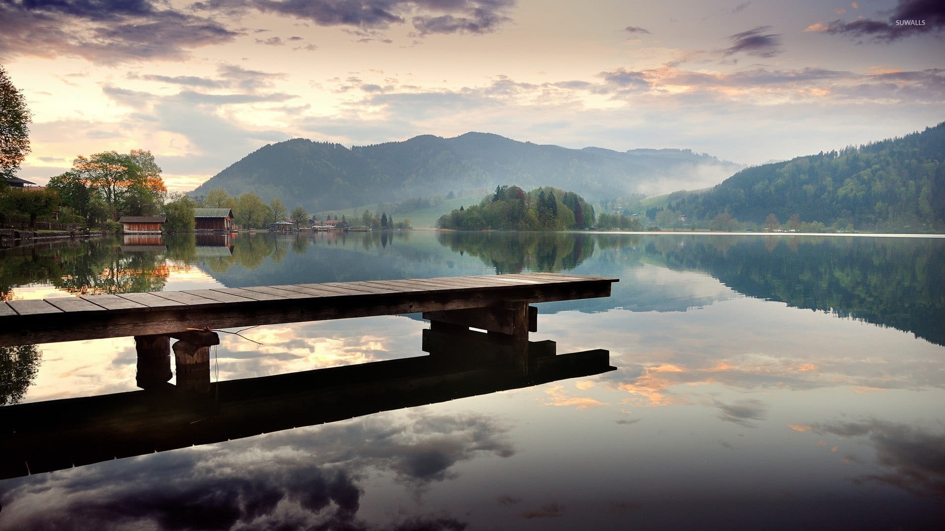 1080P, reflection, trees, cloud - sky, beauty in nature, swimming pool, idyllic, outdoors, mountain range, lake, dock, tree, non-urban scene, landscape, HD Wallpaper