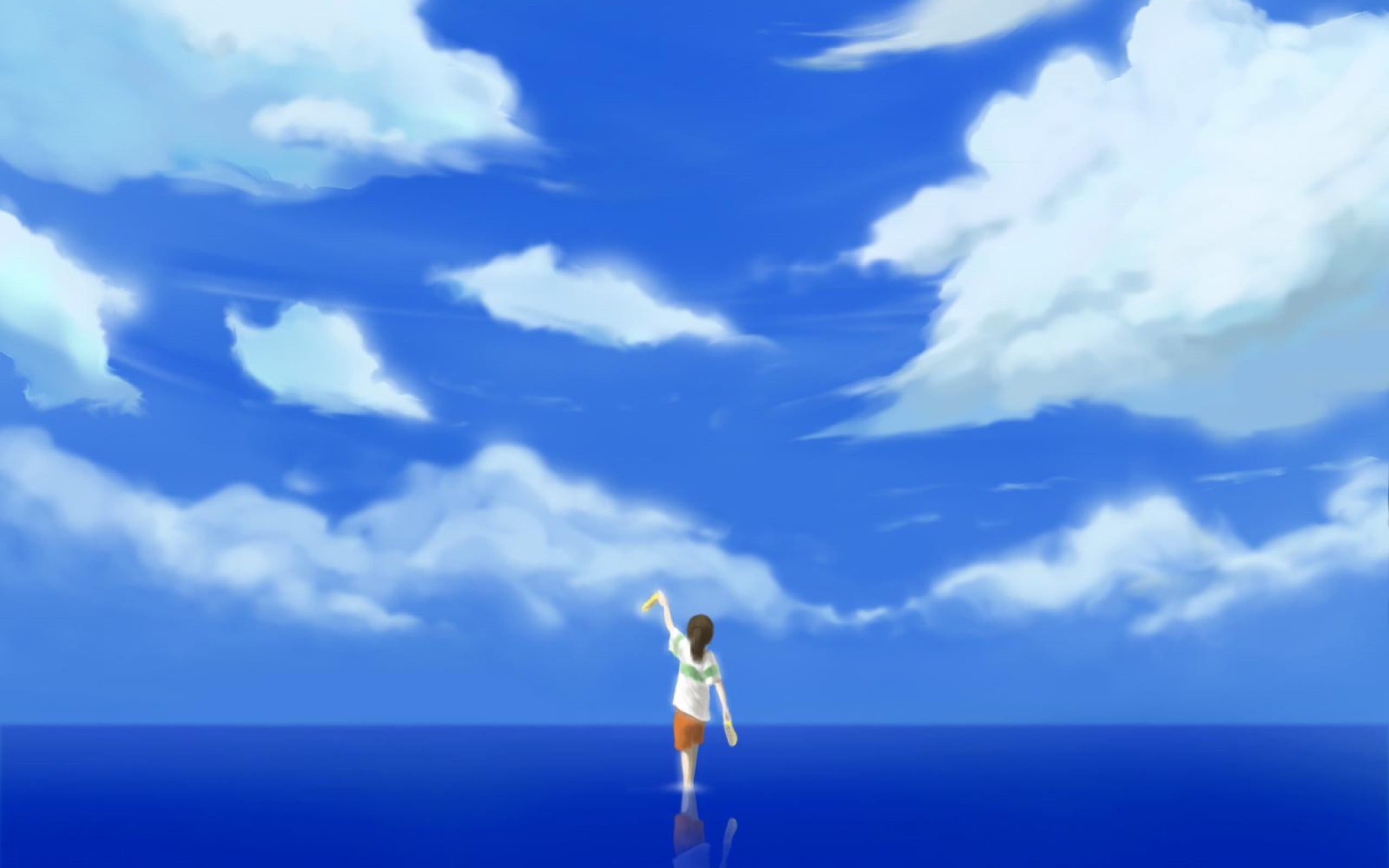 scenics - nature, horizon over water, tranquility, Spirited Away, cloud - sky, girl, real people, Studio Ghibli, sky, nature, blue, sea, water, HD Wallpaper