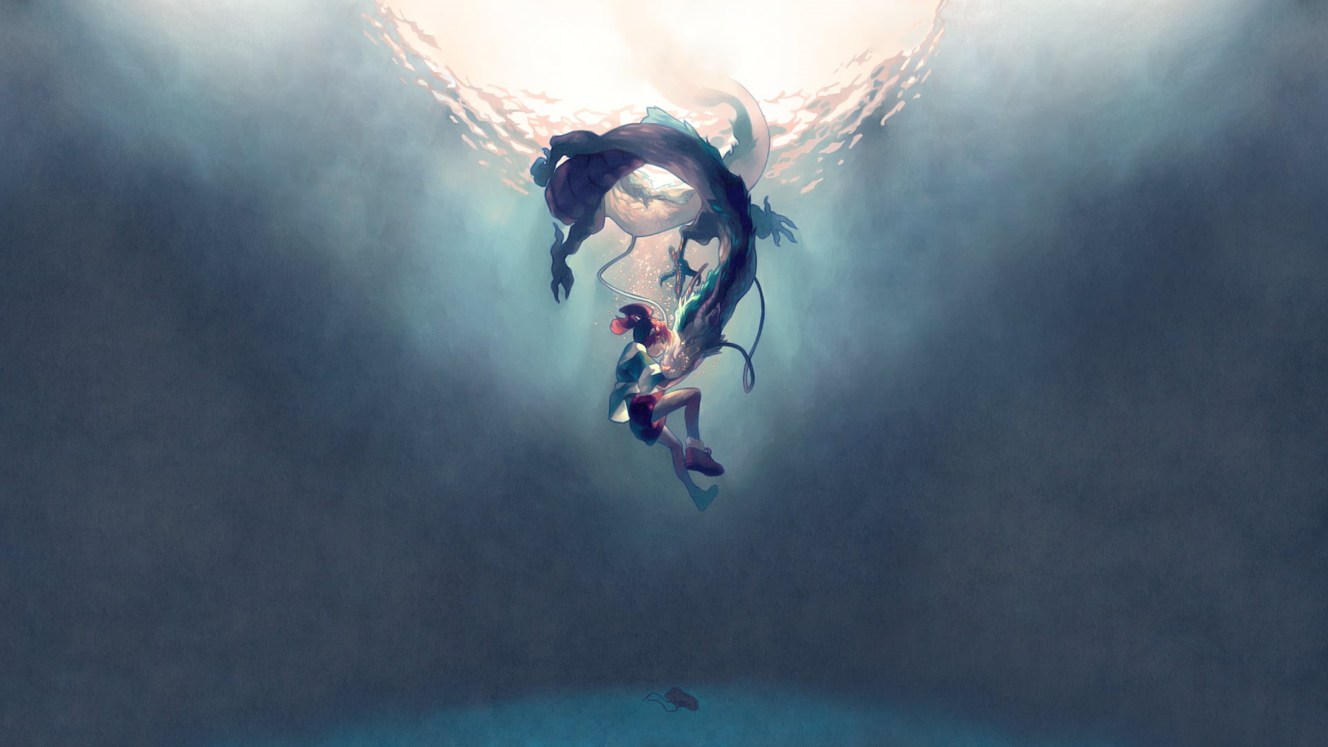 anime, redhead, outdoors, sports clothing, exploration, motion, dragon, young adult, full length, adult, Spirited Away, water, underwater, illustration, HD Wallpaper