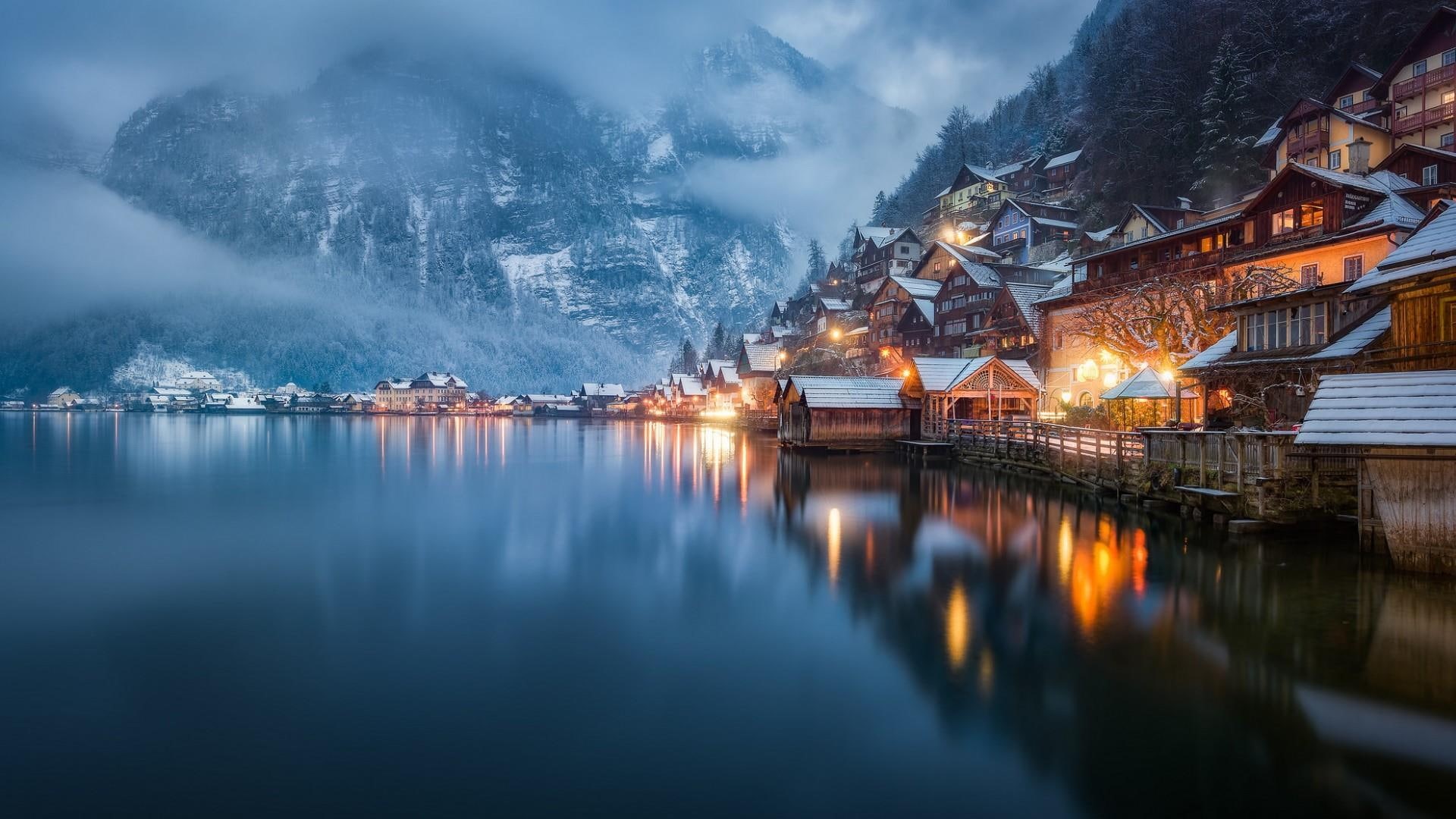 morning, misty, evening, bad goisern, 1080P, winter, water, salzkammergut, lake, mountain, hallstatt, reflection, mountainous landforms, fog, mountain range, HD Wallpaper