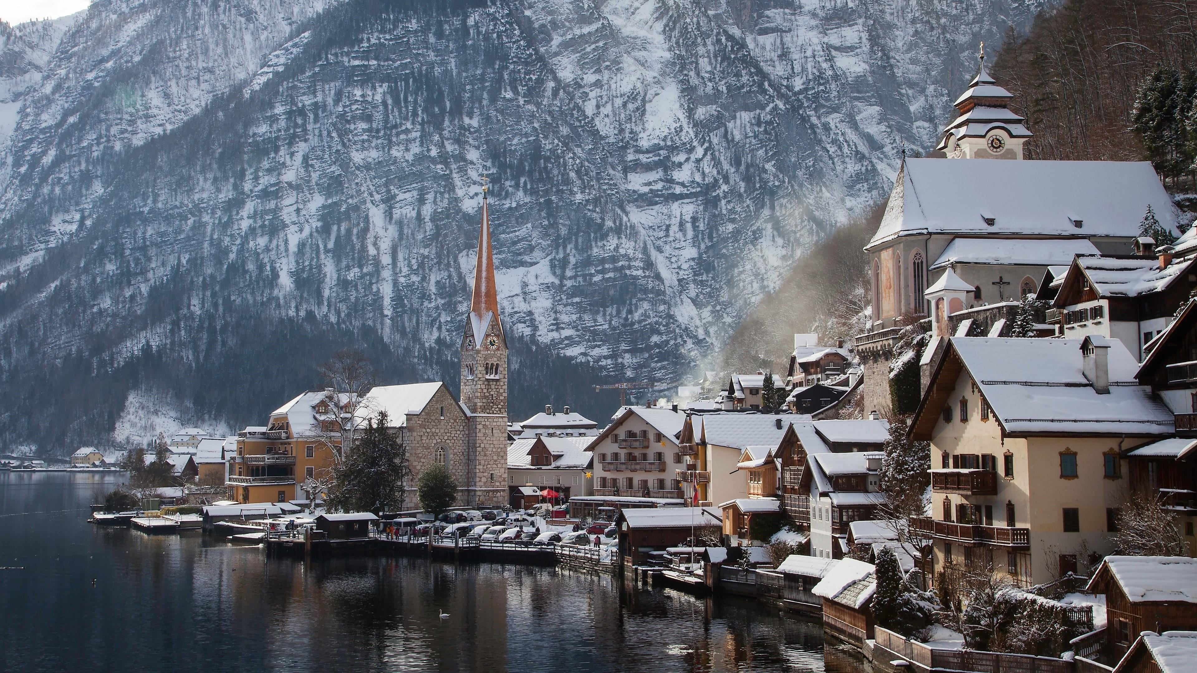 water, mountain village, day, building, salzkammergut, no people, transportation, building exterior, town, freezing, cold temperature, residential district, HD Wallpaper