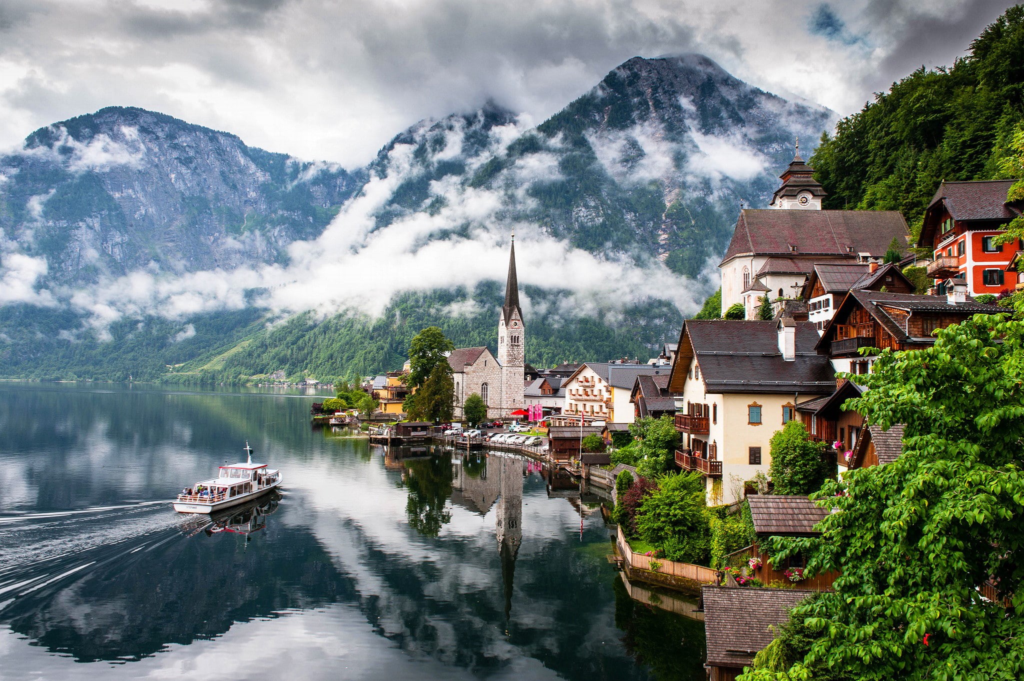 Hallstatt, Salzkammergut, houses, Nature, clouds, 1080P, Austria, city, Lake, church, mountains, HD Wallpaper