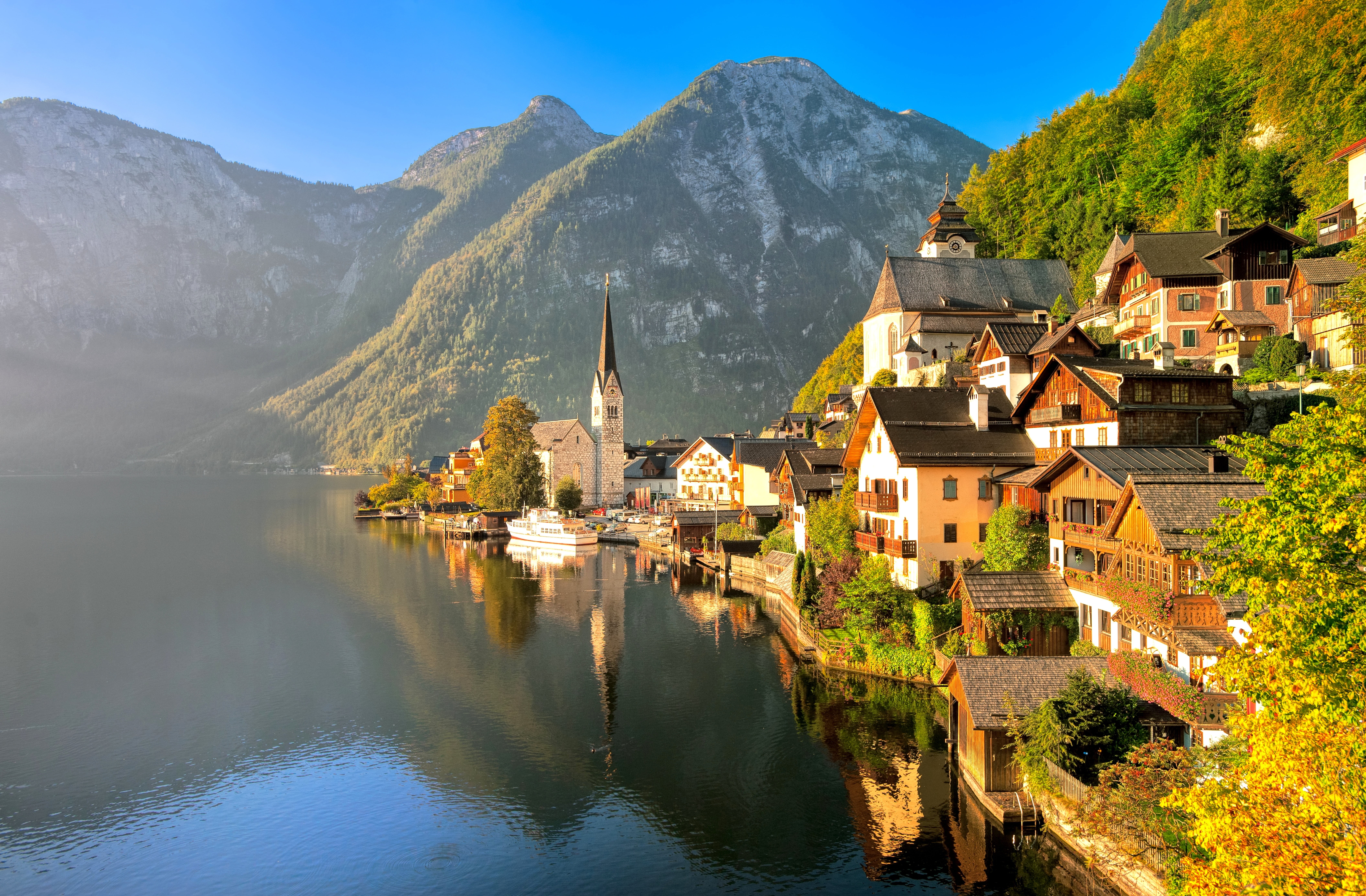 famous Place, boats, beauty In Nature, river, panoramic, tourism, no people, european Alps, nature, tower, cultures, place of worship, built Structure, HD Wallpaper