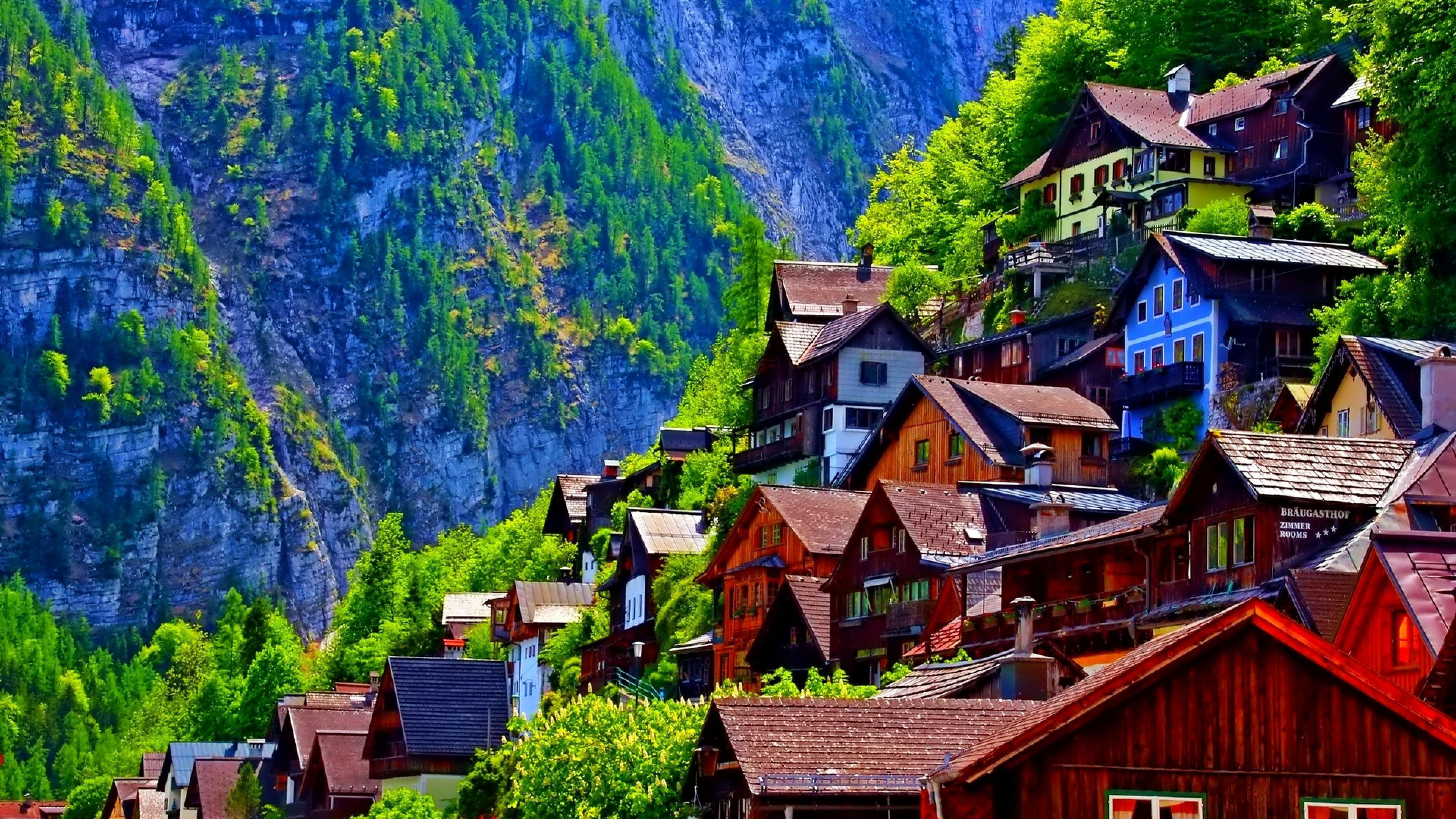 sky, mountain village, hill station, mountain, austria, houses, hallstatt, eu, europe, nature, 4K, tourism, landmark, town, village, HD Wallpaper