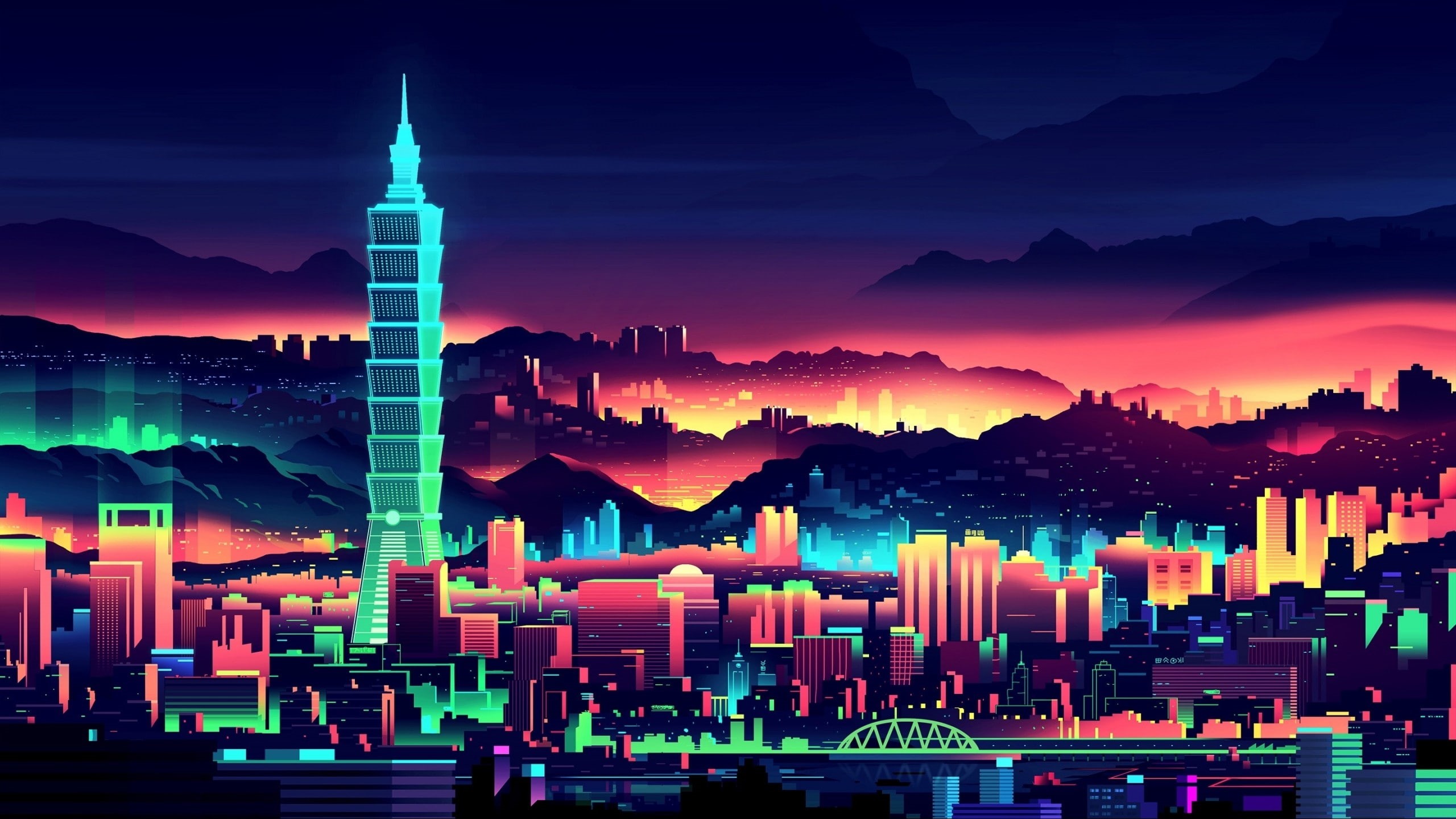 Taipei, colorful, neon, glowing, 2K, Taiwan, artwork, city, HD Wallpaper