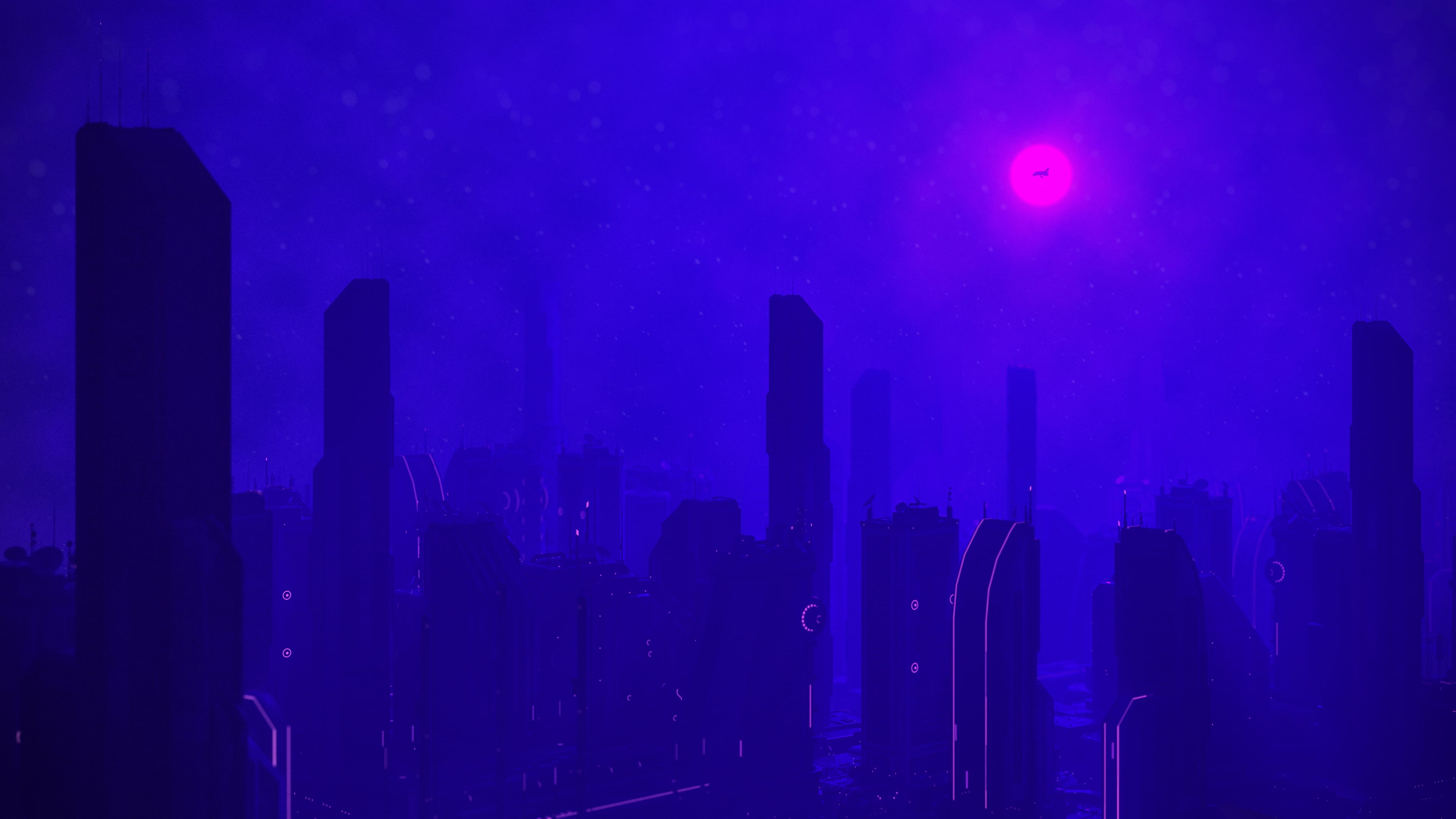 skyscraper, neon, digital art, neon lights, night, CGI, building, blue, skyline, 3D graphics, neon glow, pink, Foggy window, 4K, city, Moon, Blender, HD Wallpaper