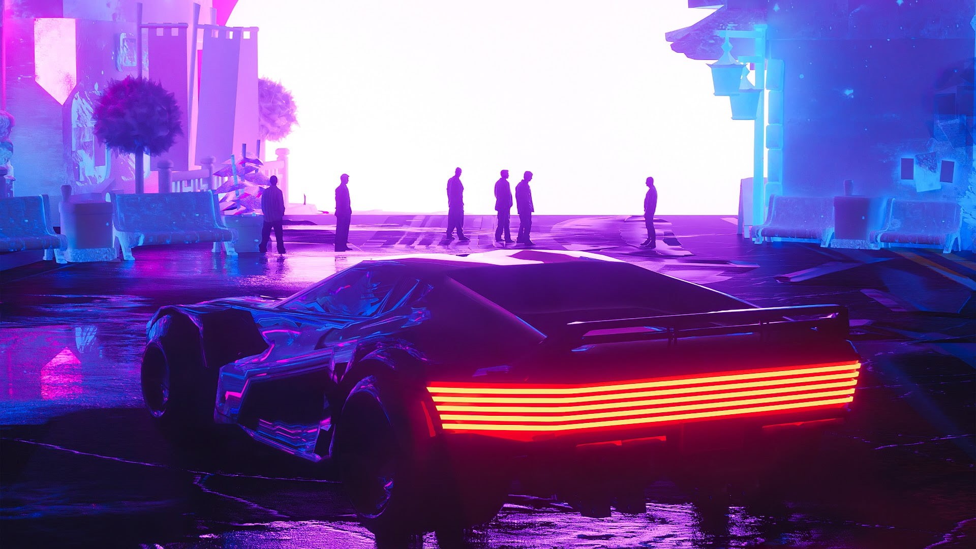car, 1080P, digital, science fiction, red, lights, neon glow, neon, people, artwork, pink, HD Wallpaper