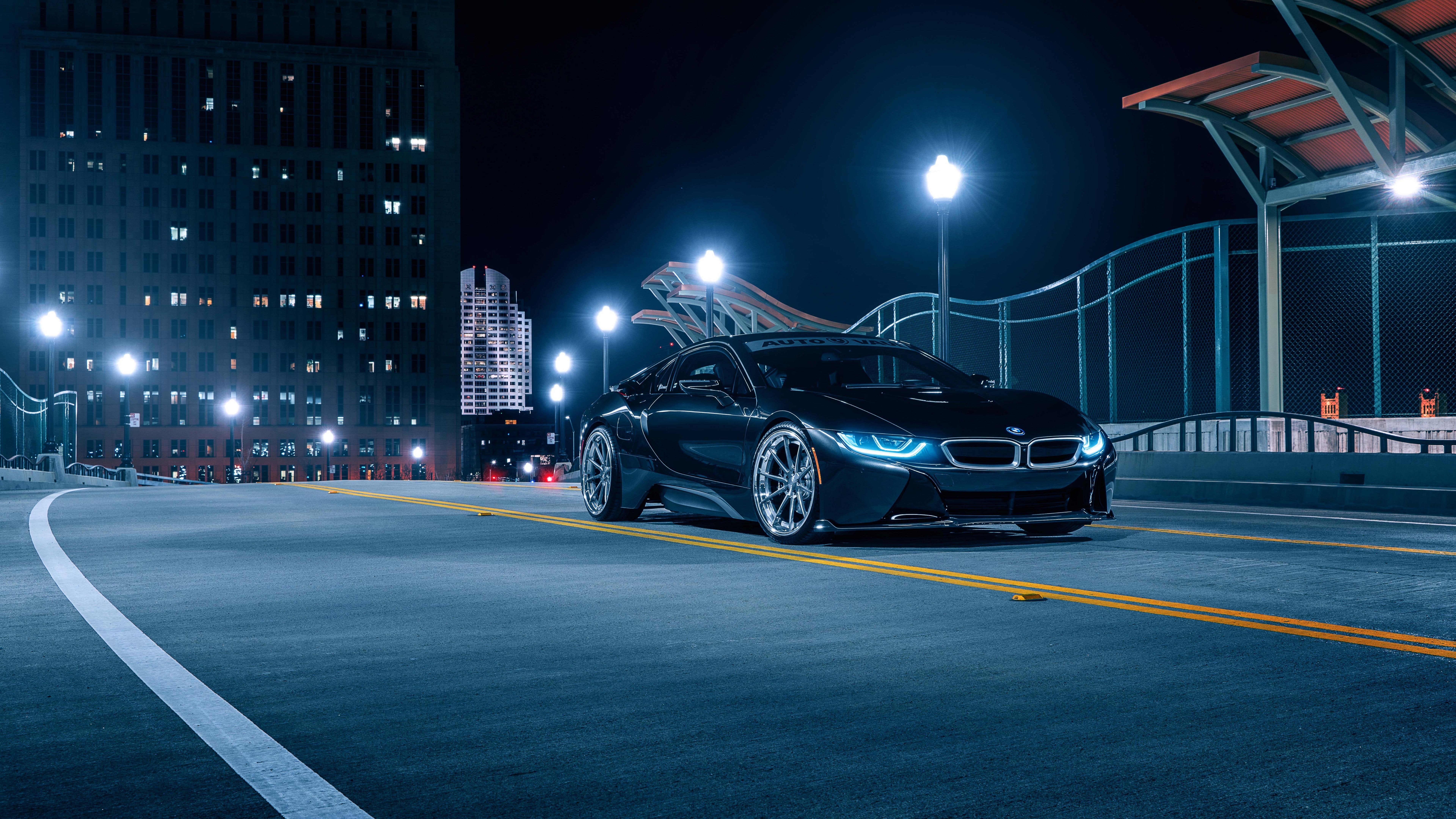 bmw i8, bmw, city, black car, night, 8K, HD Wallpaper