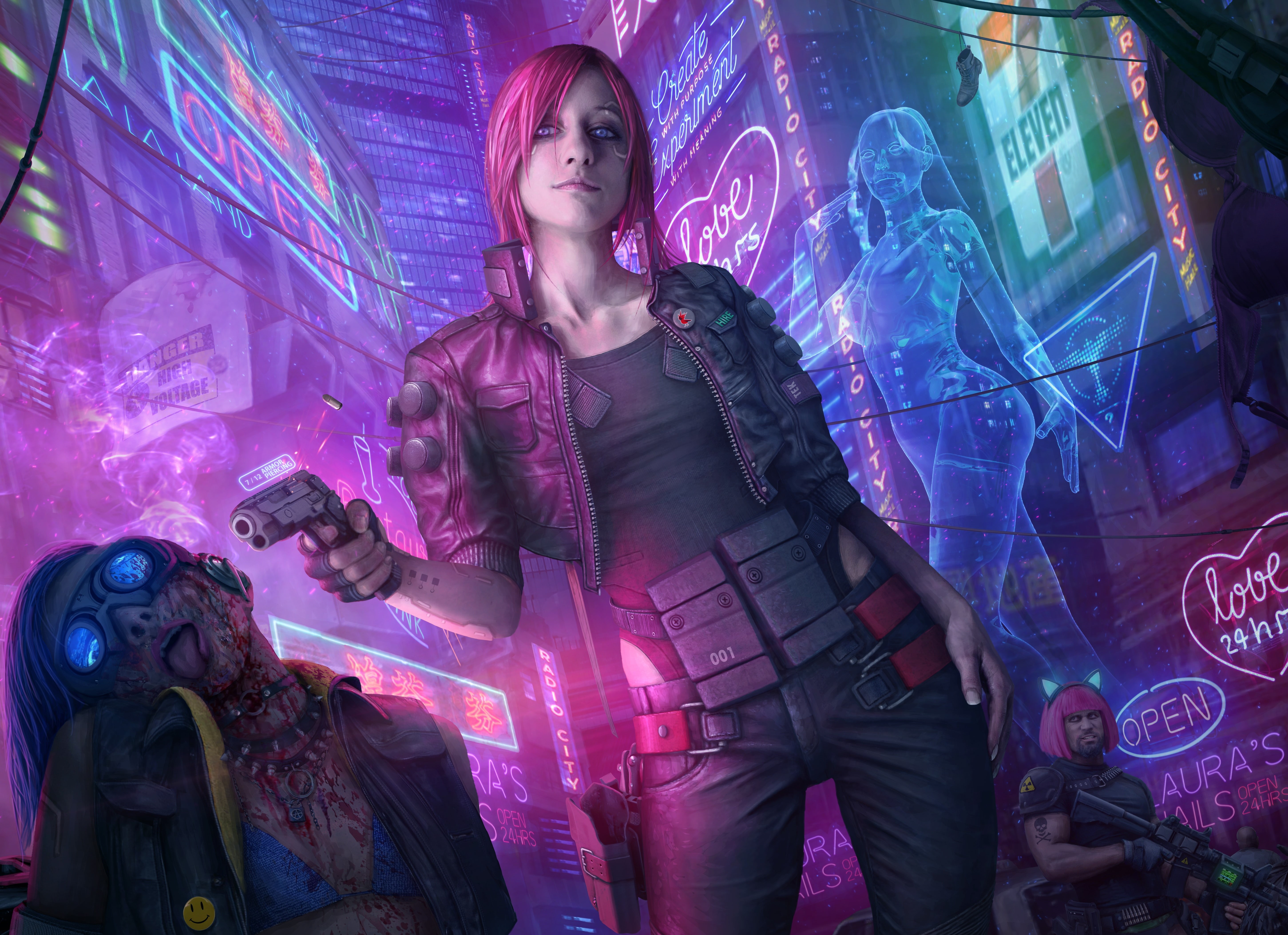 girl, night, street, art, 5K, cyberpunk 2077, gun, fiction, HD Wallpaper