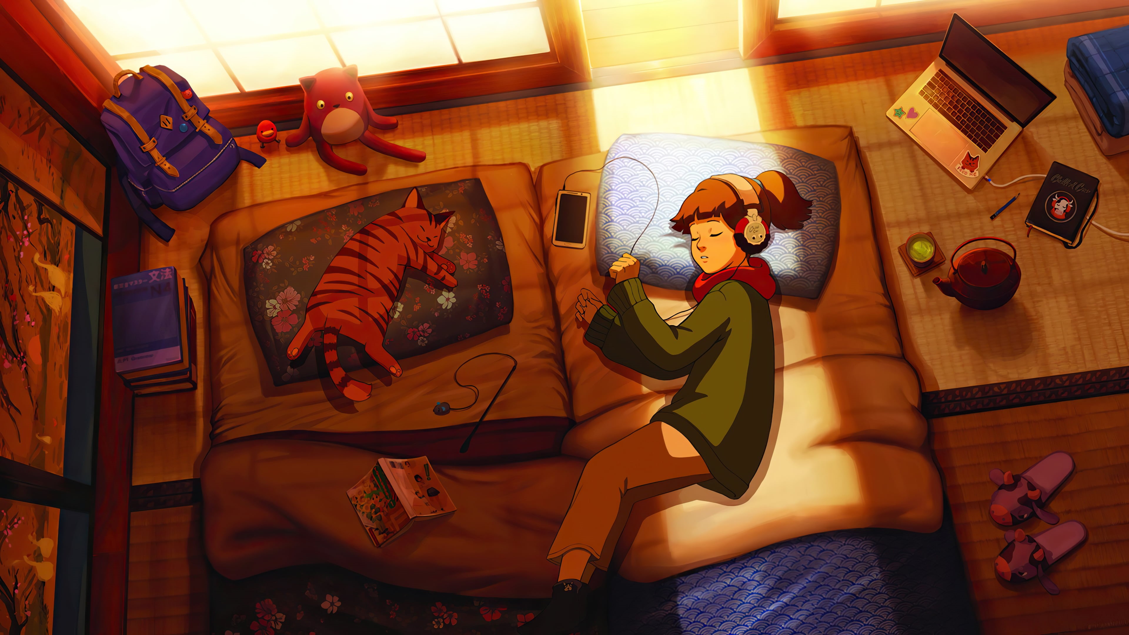 LoFi, sunlight, 4K, sleeping, LofiGirl, laptop, schoolbags, HD Wallpaper