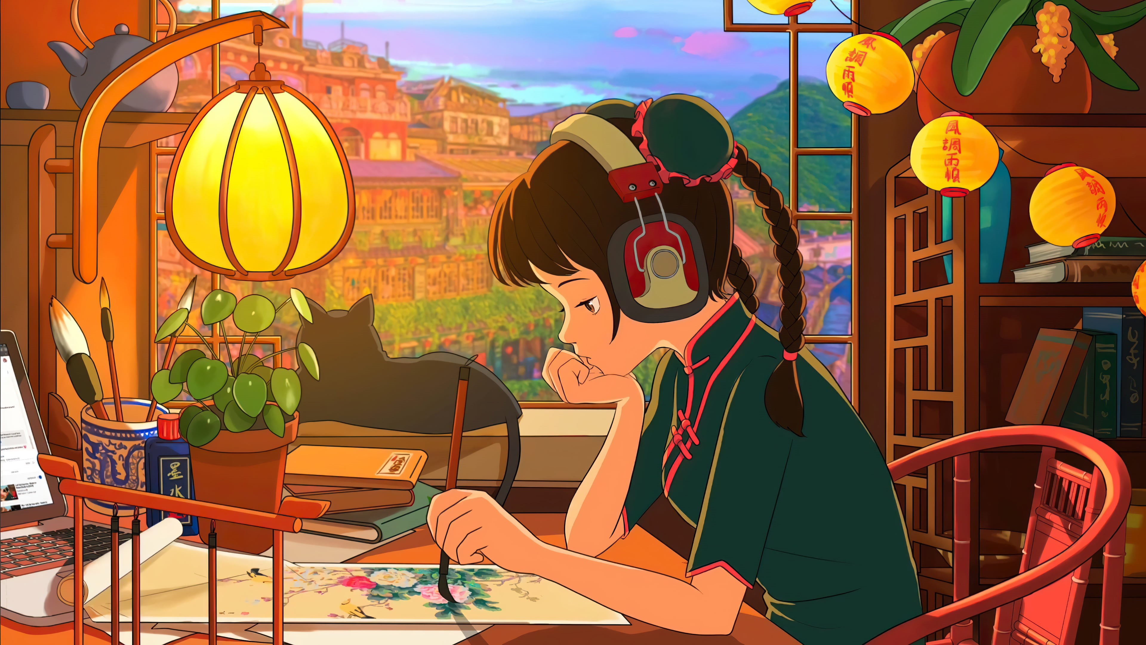 painting, 4K, LoFi, lantern, headsets, LofiGirl, Black Cat, HD Wallpaper