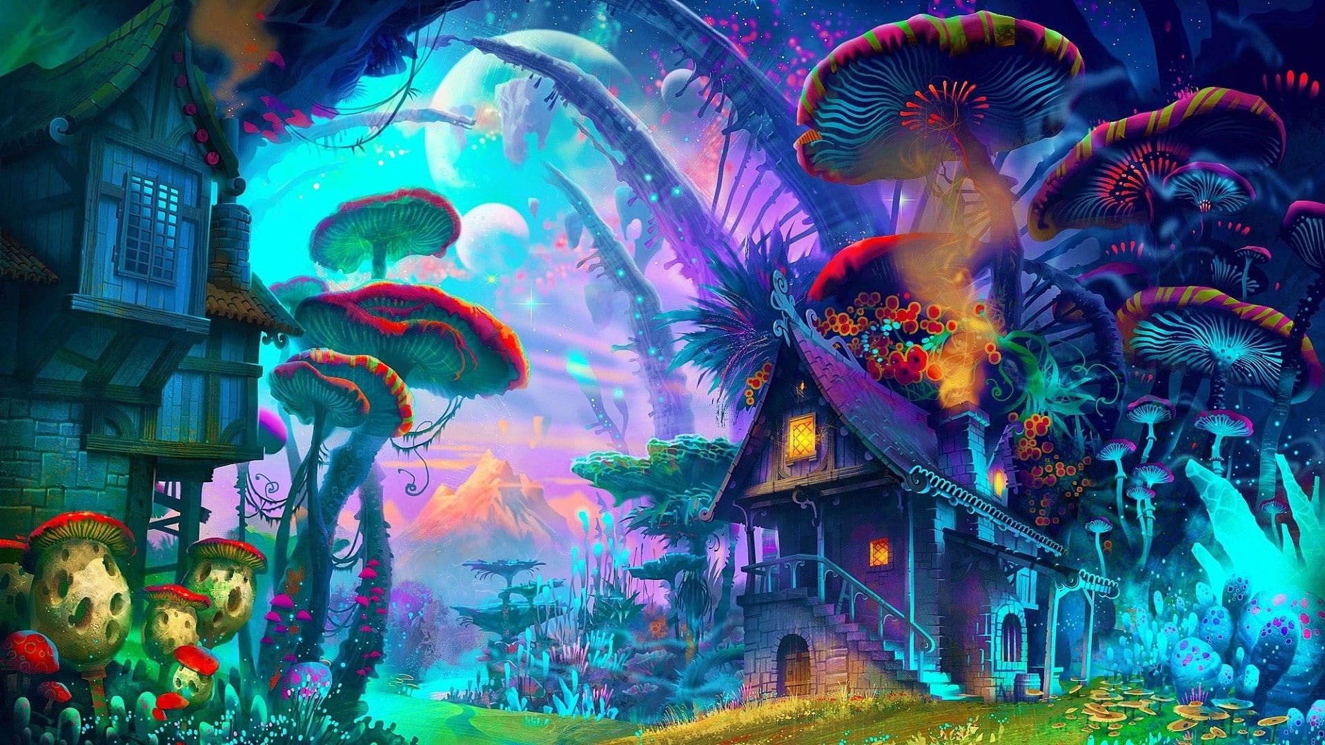 celebration, mountain, blurred motion, built structure, Colorful, long exposure, planet, arts culture and entertainment, fantasy Art, plants, building exterior, HD Wallpaper