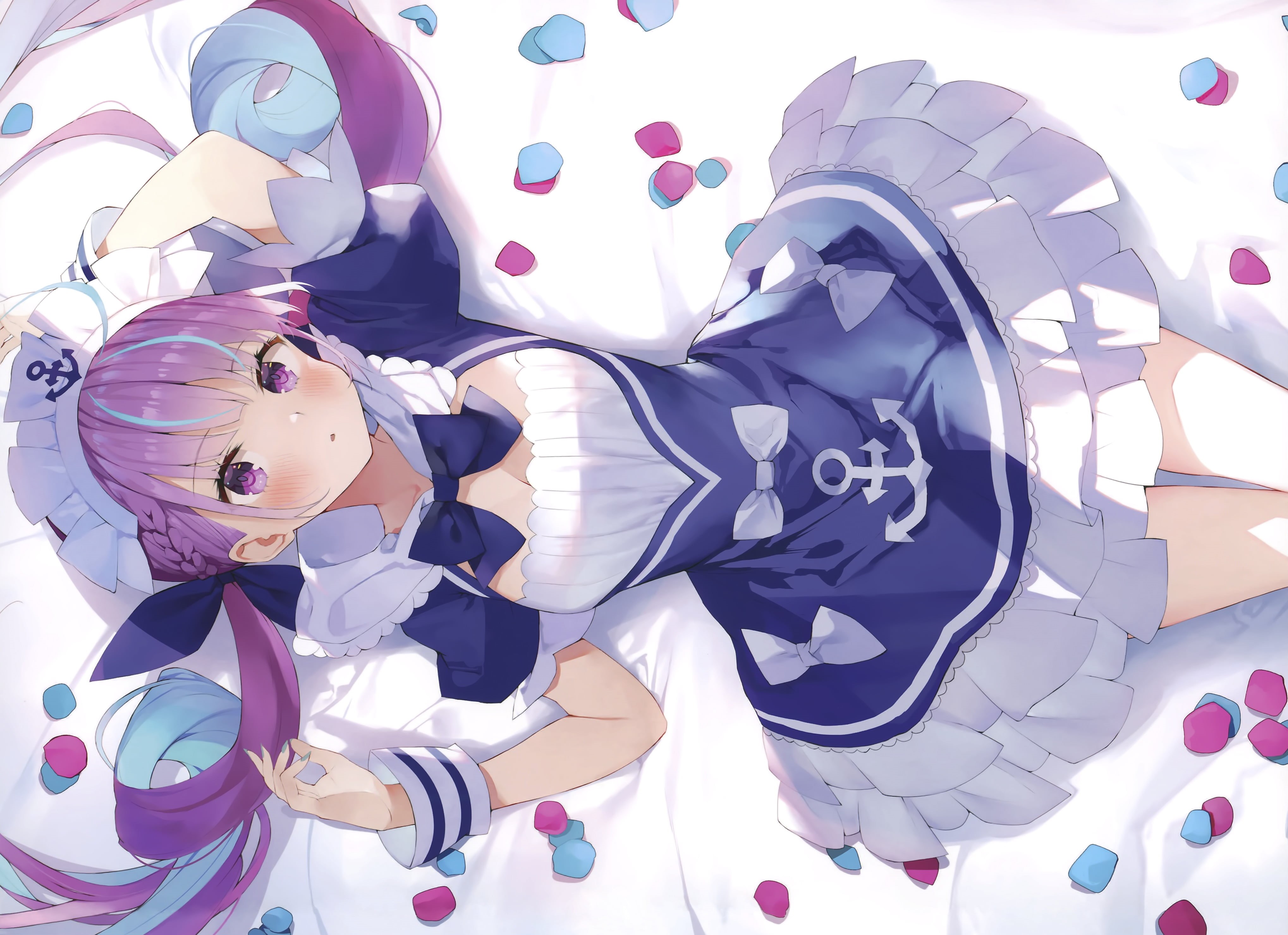 Minato Aqua, purple eyes, purple hair, twintails, blush, cleavage, headdress, 4K, HD Wallpaper