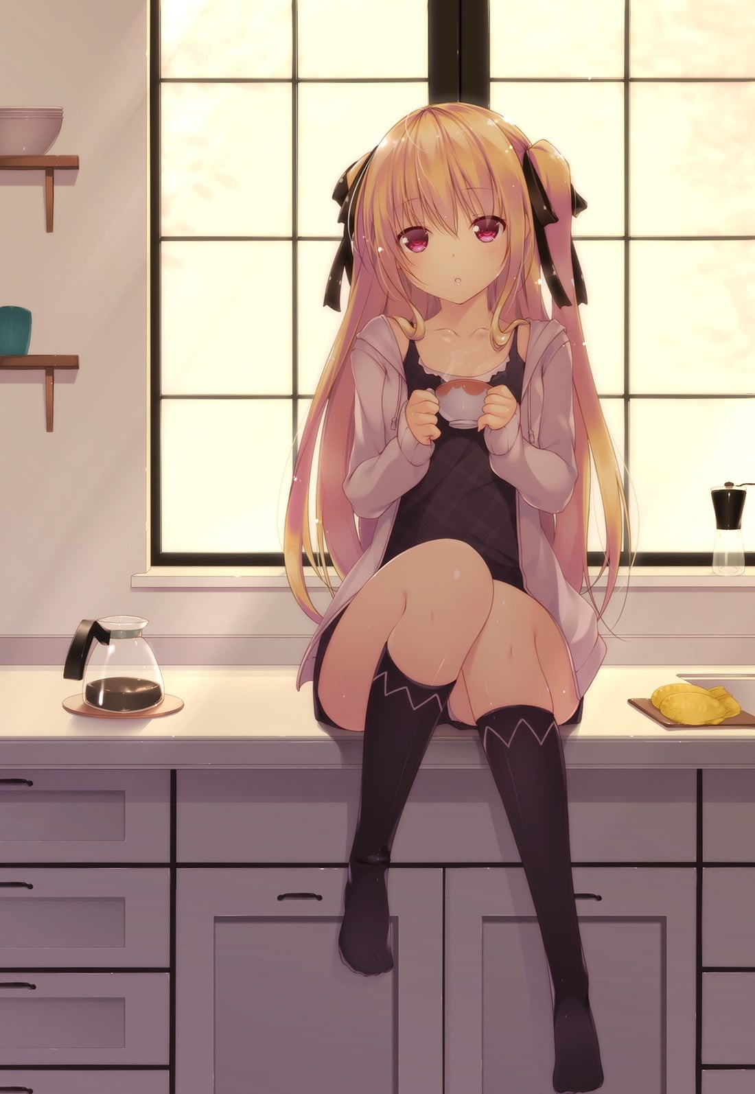 blonde, young adult, black stockings, lifestyles, hair, sitting, yellow, one person, home interior, anime, portrait, 720P, hairstyle, women, full length, Phone HD Wallpaper