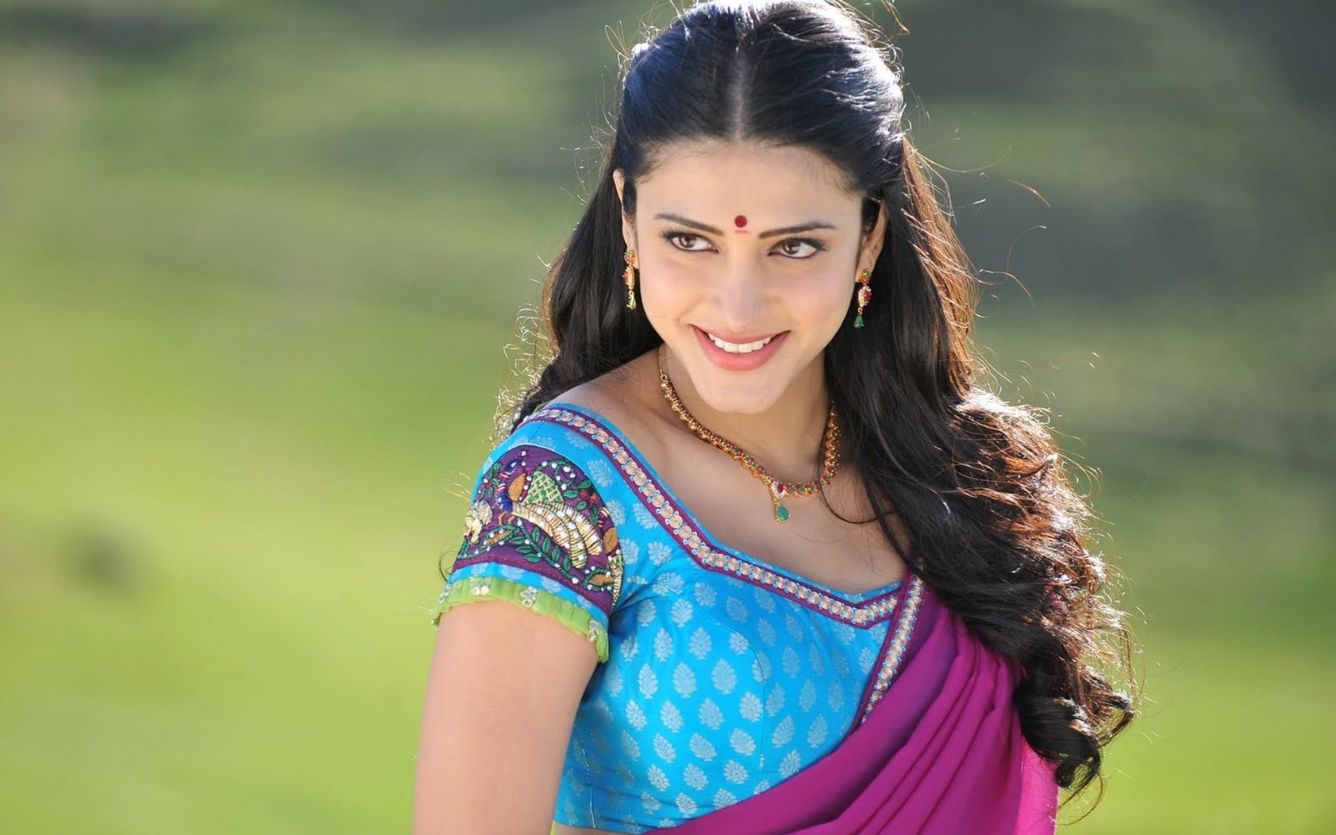 saree, front view, s, traditional, young women, women, lifestyles, long hair, hassan, young adult, teal, 1080P, happiness, Bollywood Celebrities, Female Celebrities, HD Wallpaper