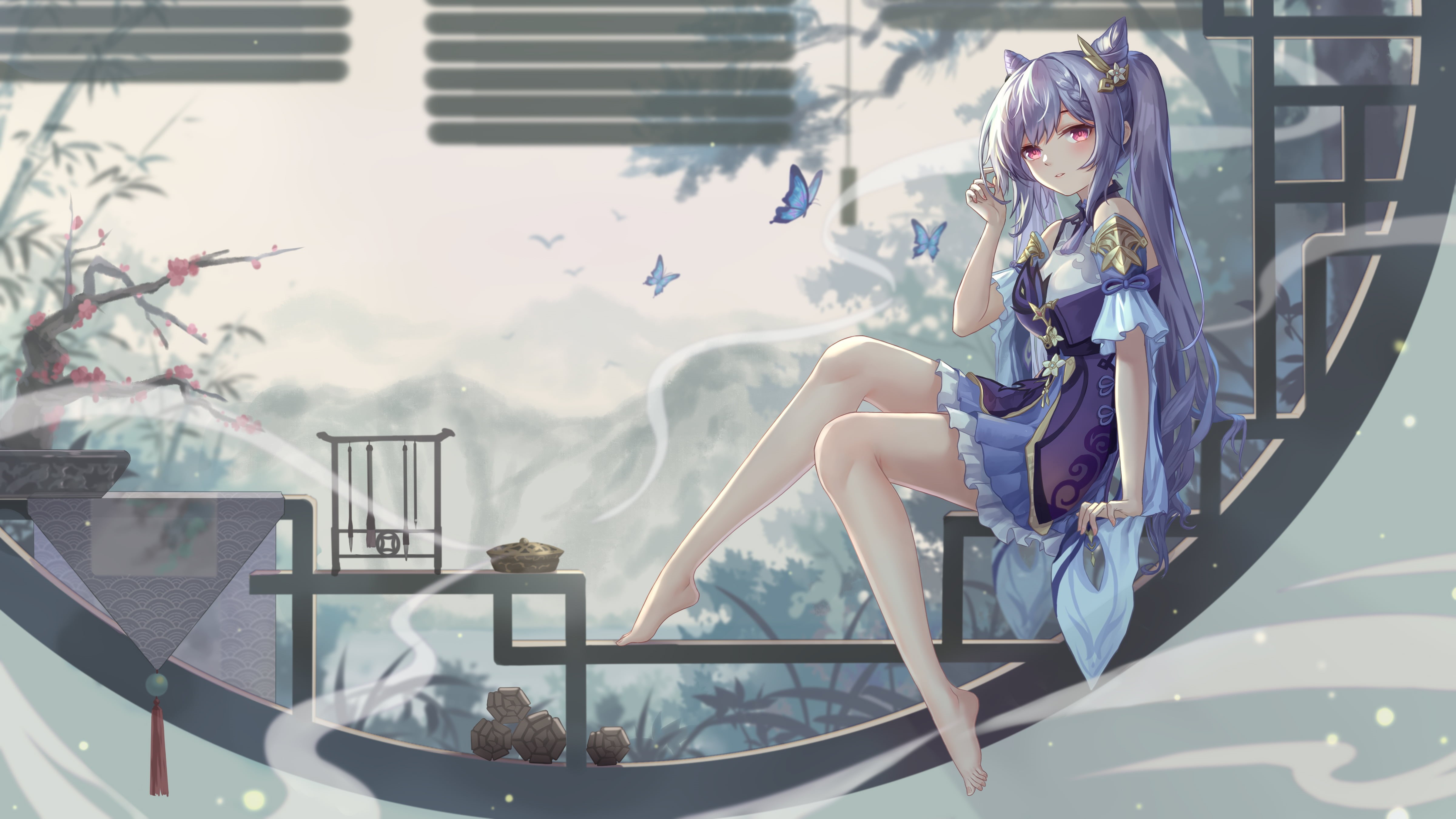 4K, keqing (genshin impact), barefoot, chinese classical, Genshin Impact, HD Wallpaper