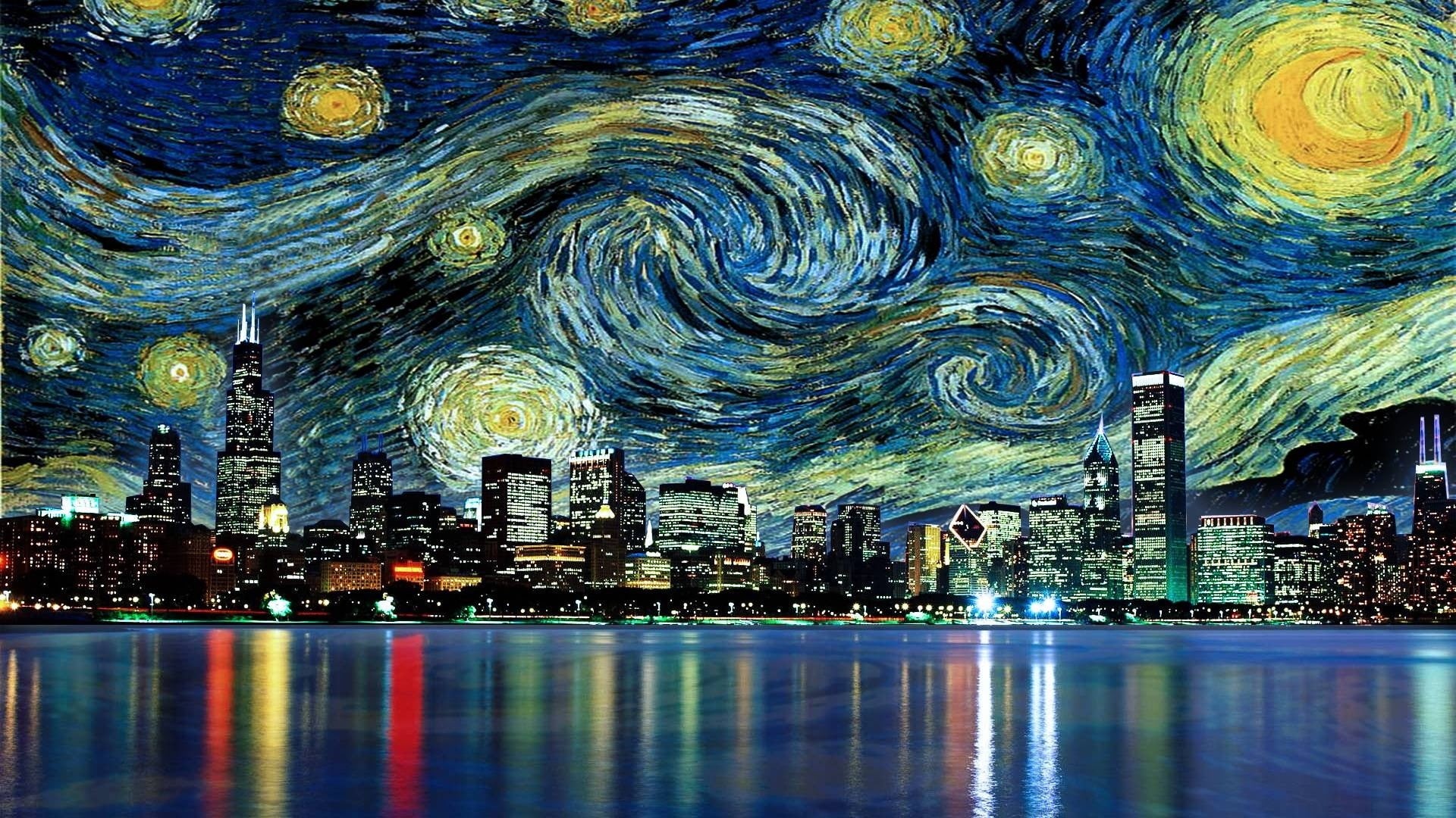 van, office building exterior, asia, The Starry Night, travel, urban Scene, building Exterior, downtown District, cityscape, abstract, urban Skyline, digital composite, HD Wallpaper
