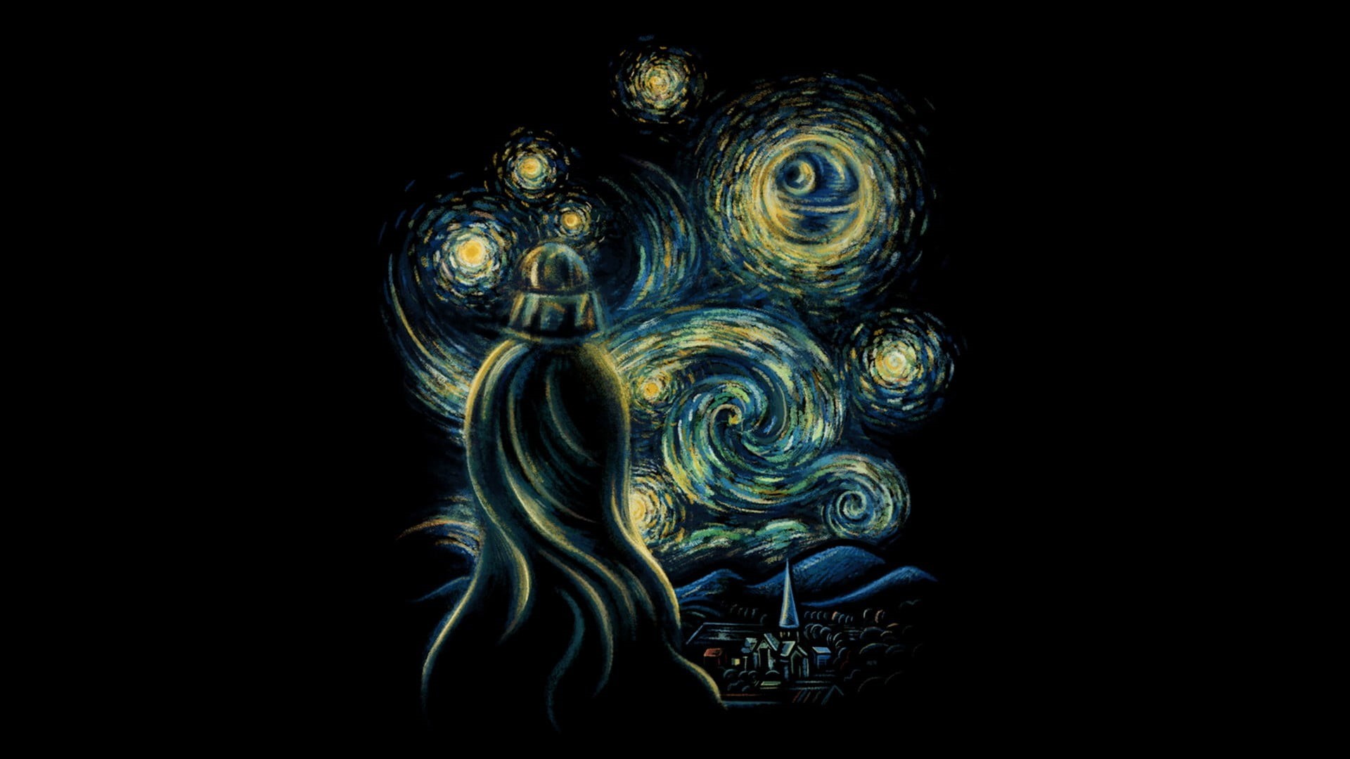 night, Death Star, black background, starry night, painting, 1080P, sculpture, no people, close-up, cut out, creativity, copy space, Vincent van Gogh, HD Wallpaper