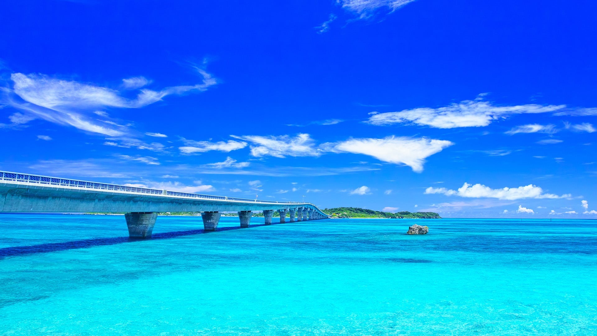 Miyako-Jima, island, clear water, Japan, nature, clouds, landscape, bridge, rock, sky, 1080P, trees, HD Wallpaper