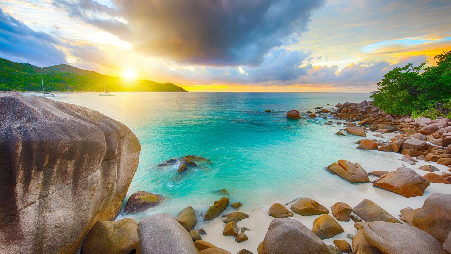 shore, nature, cloud, coast, 1080P, beach, water, sea, sky, ocean, landscape, seychelles, rock, wave, tropics, HD Wallpaper