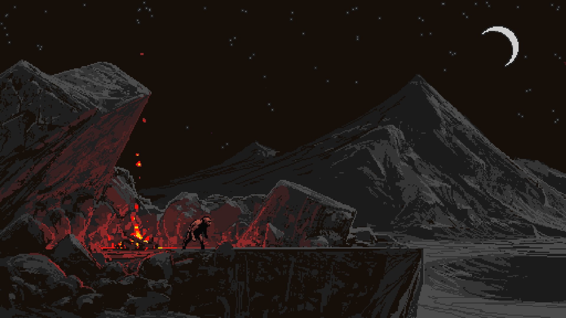 beauty in nature, mountain peak, cold temperature, mountain range, astronomy, environment, noah bradley pixel art fire moon the sin of man rock pixels mountains landscape digital art night stars, HD Wallpaper