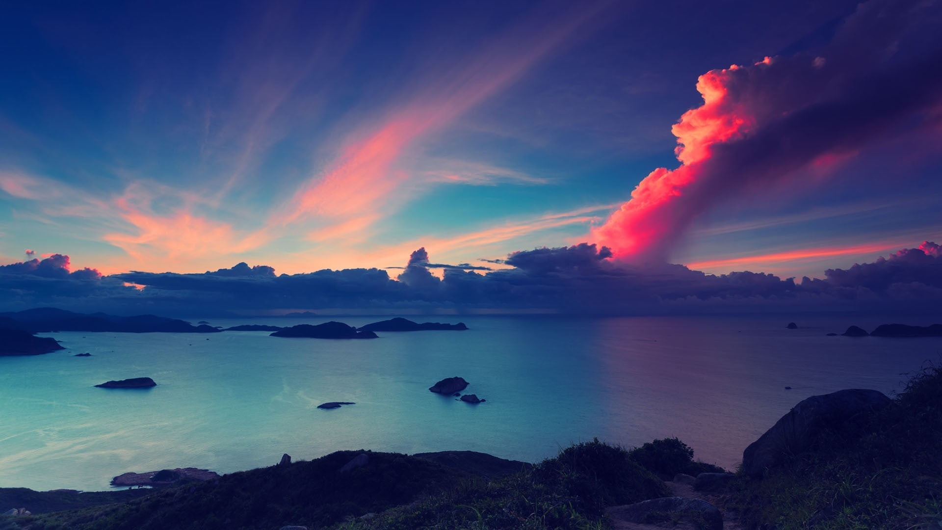 dawn, backgrounds, tropical Climate, multi Colored, seascape, sky, body, travel, reflection, scenics, mountain, landscape, environment, cumulus, vacations, HD Wallpaper