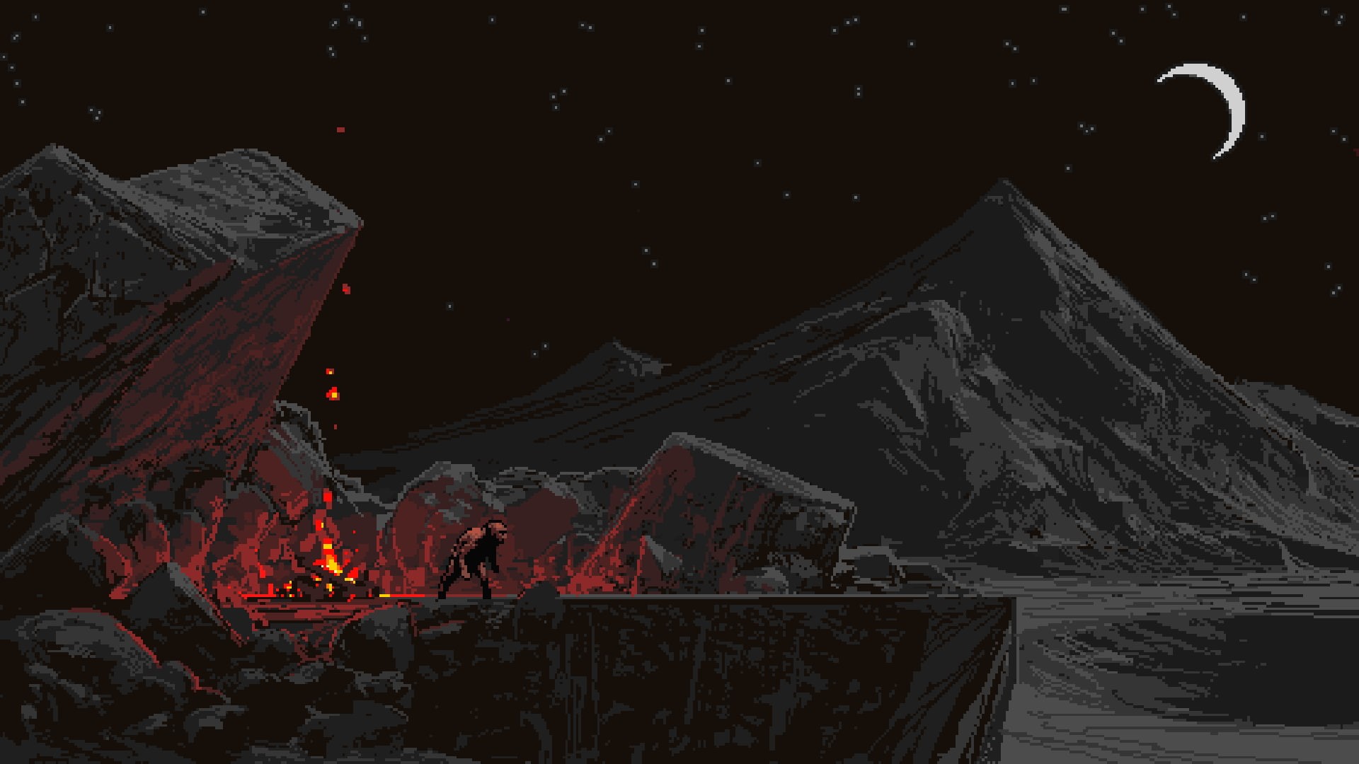 rock, pixel art, stars, digital art, The Sin of Man, mountains, fire, pixels, Noah Bradley, 1080P, Moon, night, HD Wallpaper