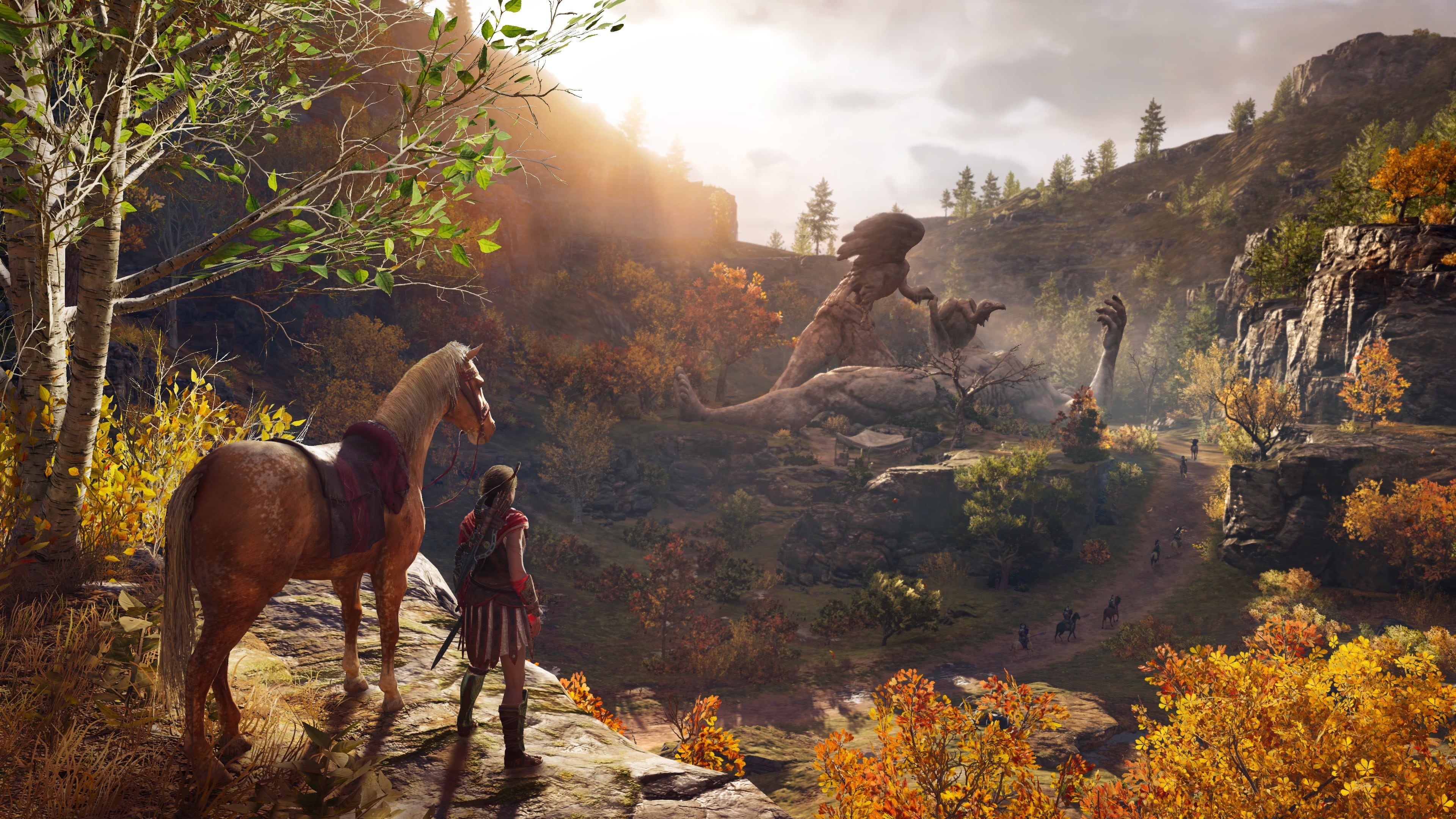 game, domestic, people, vertebrate, tree, white, men, one animal, mammal, character, animal wildlife, pets, video games, domestic animals, outdoors, Assassins Creed Odyssey, HD Wallpaper