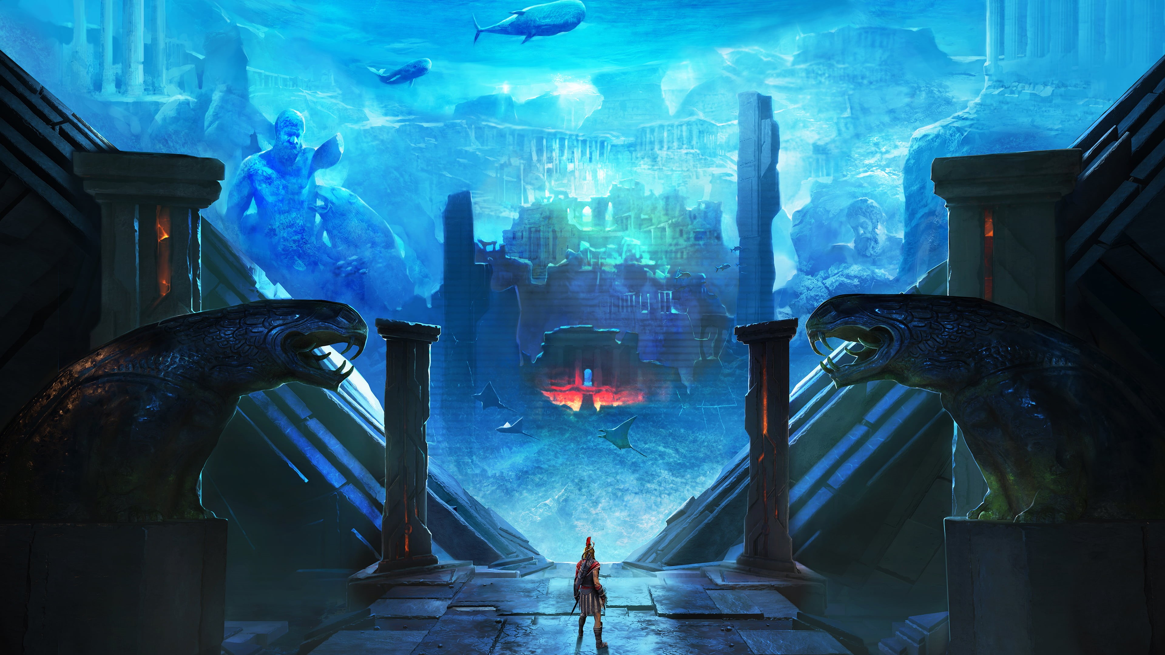 building, sea, animal wildlife, Spartans, Assassins Creed Odyssey, ancient greece, serpent, indoors, Atlantis, video games, animals in the wild, animal, HD Wallpaper