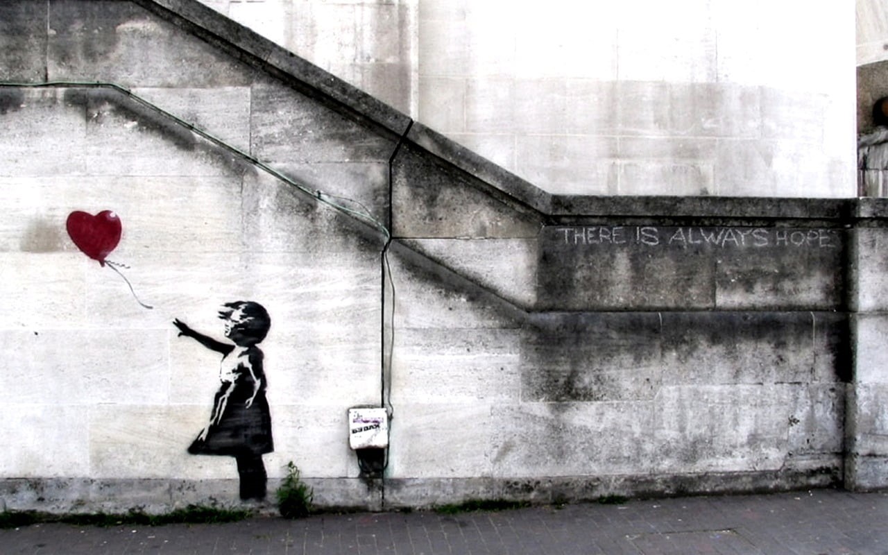 wall, Banksy, emotion, decor, one person, outdoors, urban, clothing, 720P, side view, uniform, building exterior, day, artwork, built structure, red, toddler, HD Wallpaper