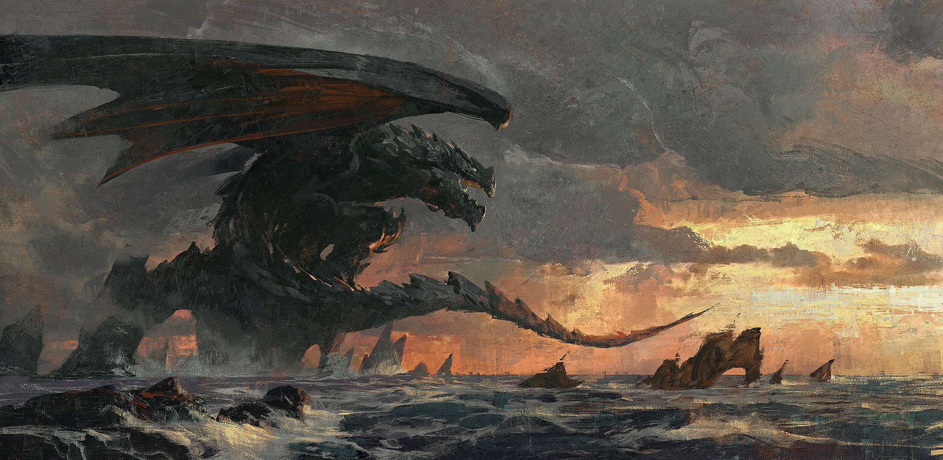 1080P, fantasy art, dragon, sea, creature, dark fantasy, artwork, HD Wallpaper
