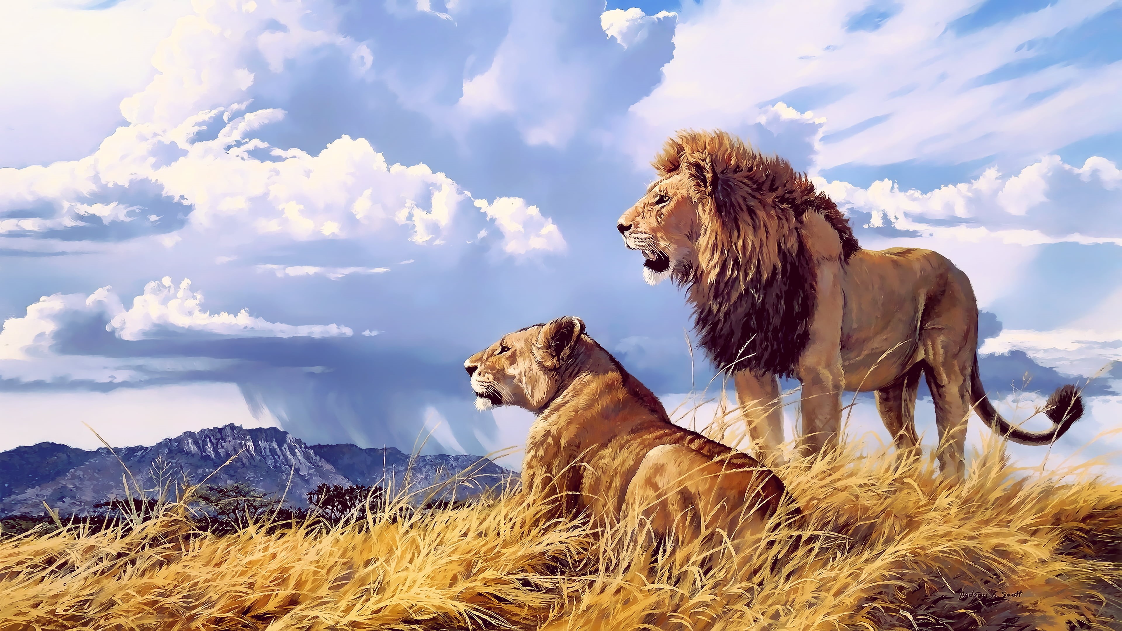 domestic animals, feline, mountains, clouds, two, landscape, pets, vertebrate, 4K, grass, livestock, domestic, plant, animal wildlife, group of animals, HD Wallpaper