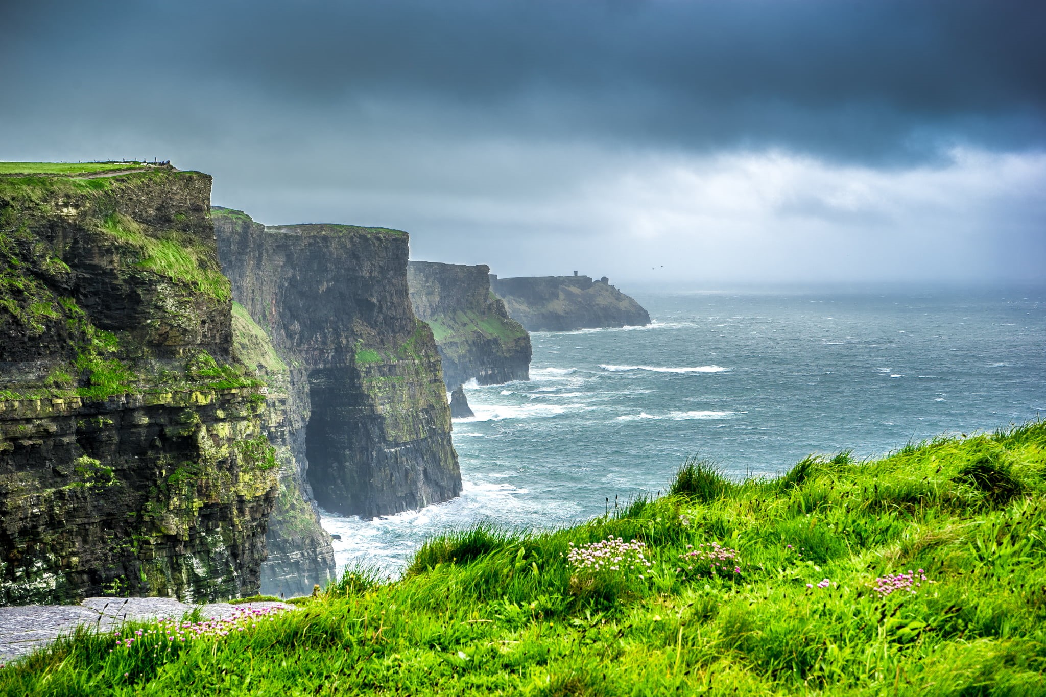 travel, nature, covered, rock - Object, europe, green, cliff, mountain, 1080P, sky, Liscannor, scenics, clouds, landscape, grass, sel2870, Cliffs of Moher, HD Wallpaper