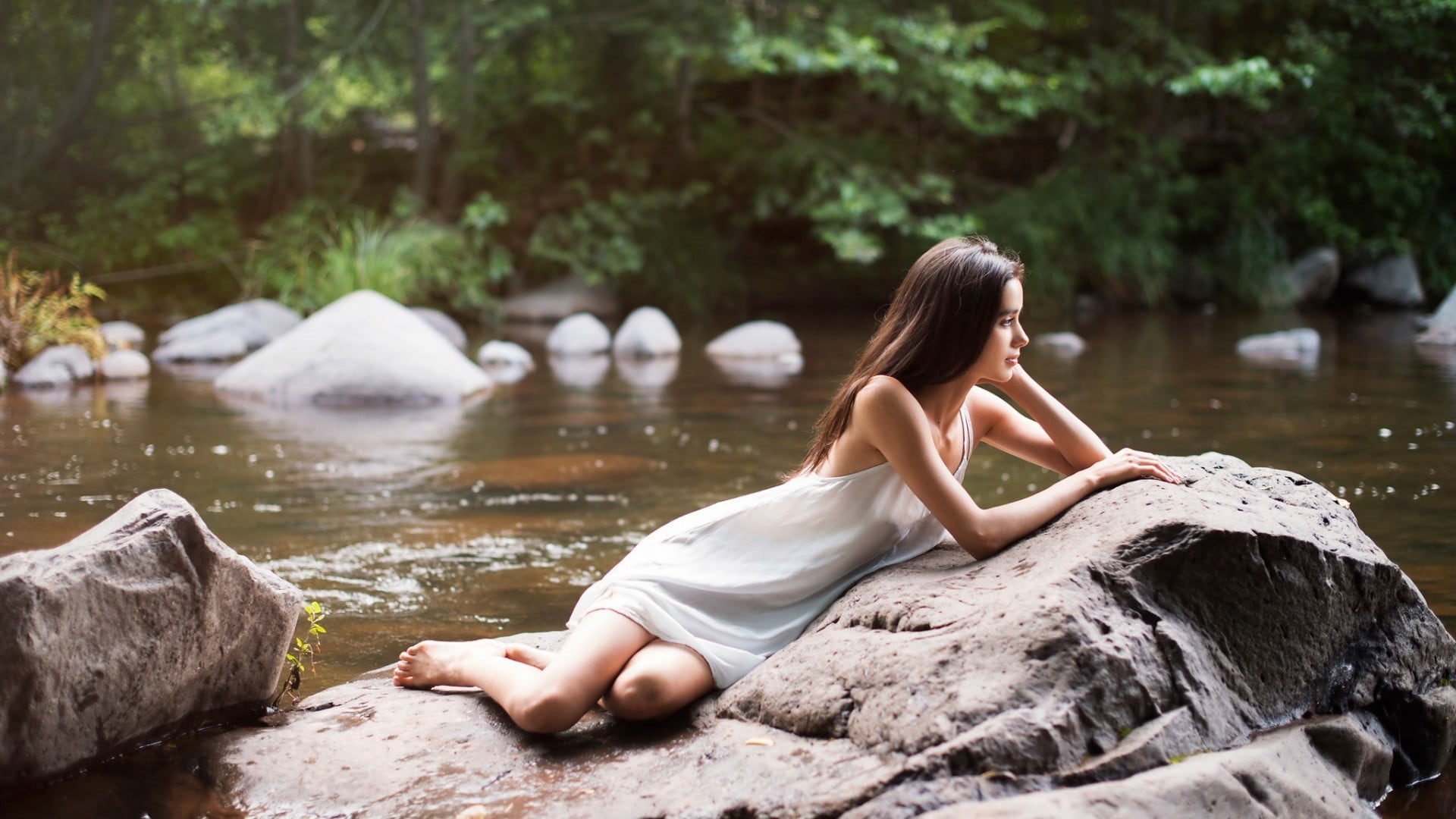 sleeveless, women, s, profile, brunette, white dress, barefoot, river, rock, dress, white, 1080P, HD Wallpaper