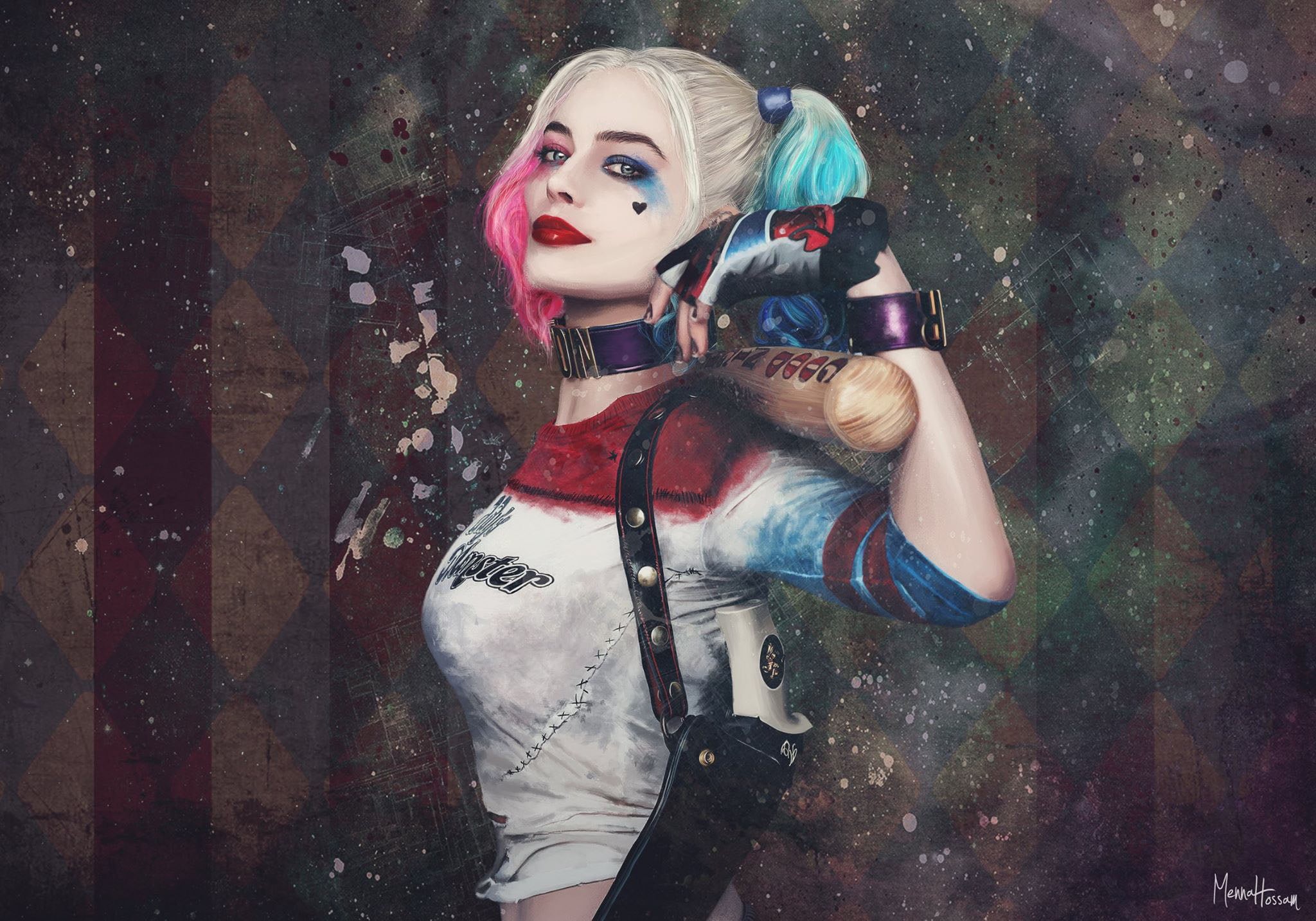 Baseball Bat, Blue Eyes, Lipstick, Suicide Squad, Harley Quinn, Movie, Blonde, 1080P, Margot Robbie, HD Wallpaper