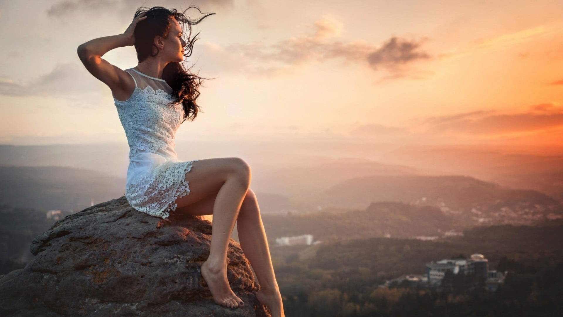 portrait, leisure activity, young women, cloud - sky, nature, outdoors, real people, s, depth of field, 1080P, windy, fashion, sky, white dress, rock - object, HD Wallpaper