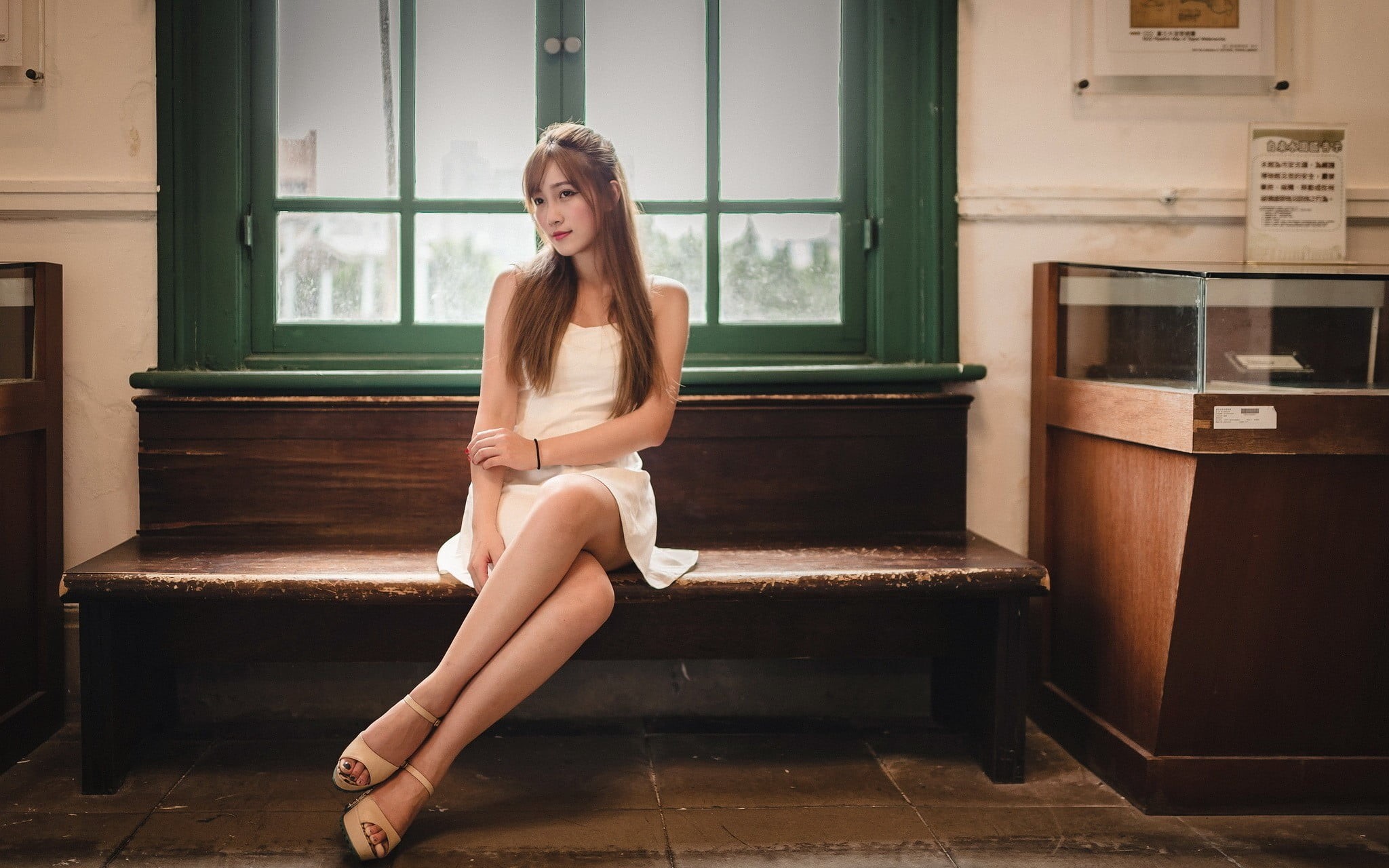 dress, beauty, heels, full length, indoors, real people, hairstyle, Asian, mini, model, long hair, sitting, s, beautiful woman, seat, young adult, fashion, HD Wallpaper