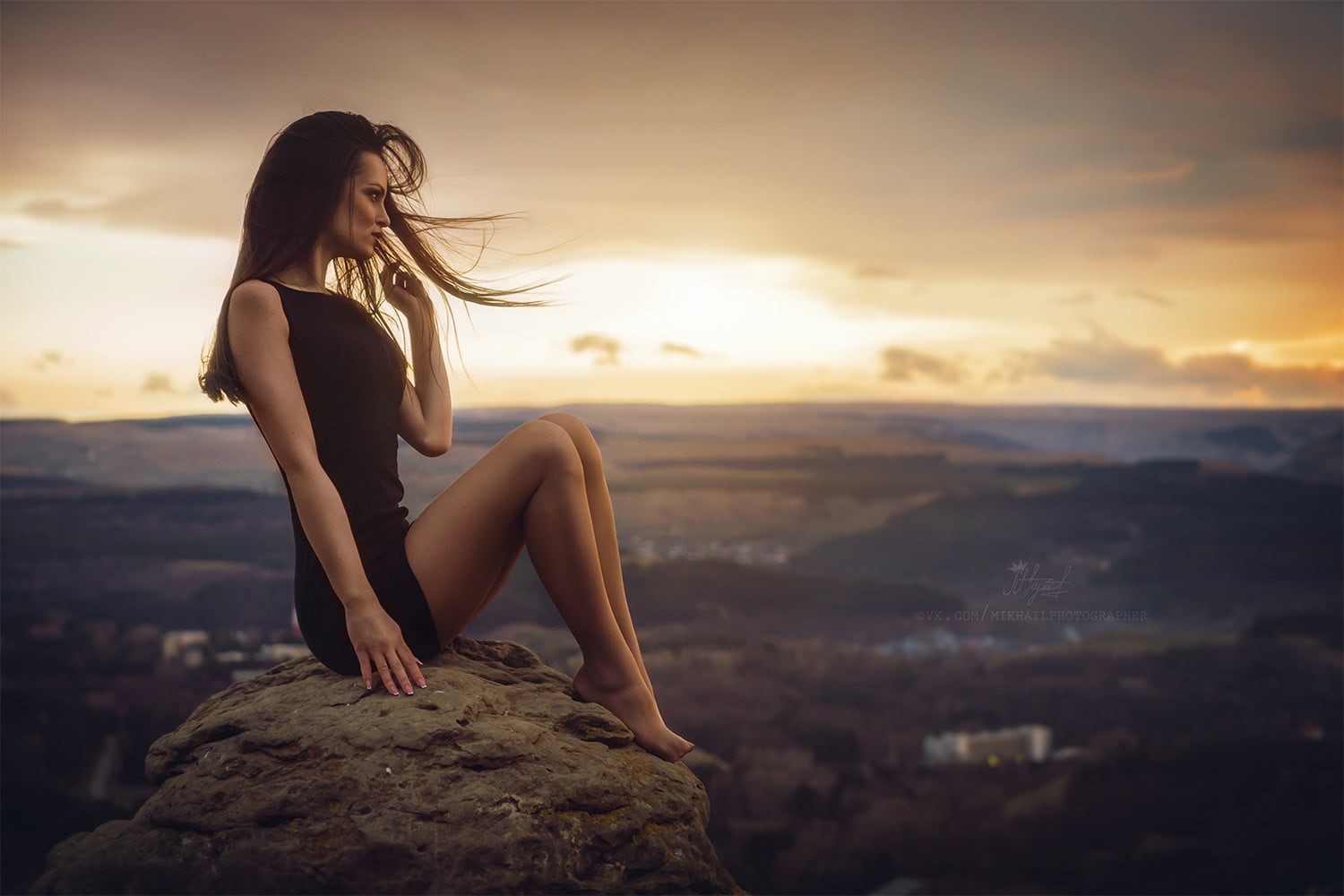 young adult, landscape, leisure activity, black dress, black, hair, lifestyles, hairstyle, sleeveless, s, beautiful woman, 720P, women, cloud - sky, rock, HD Wallpaper