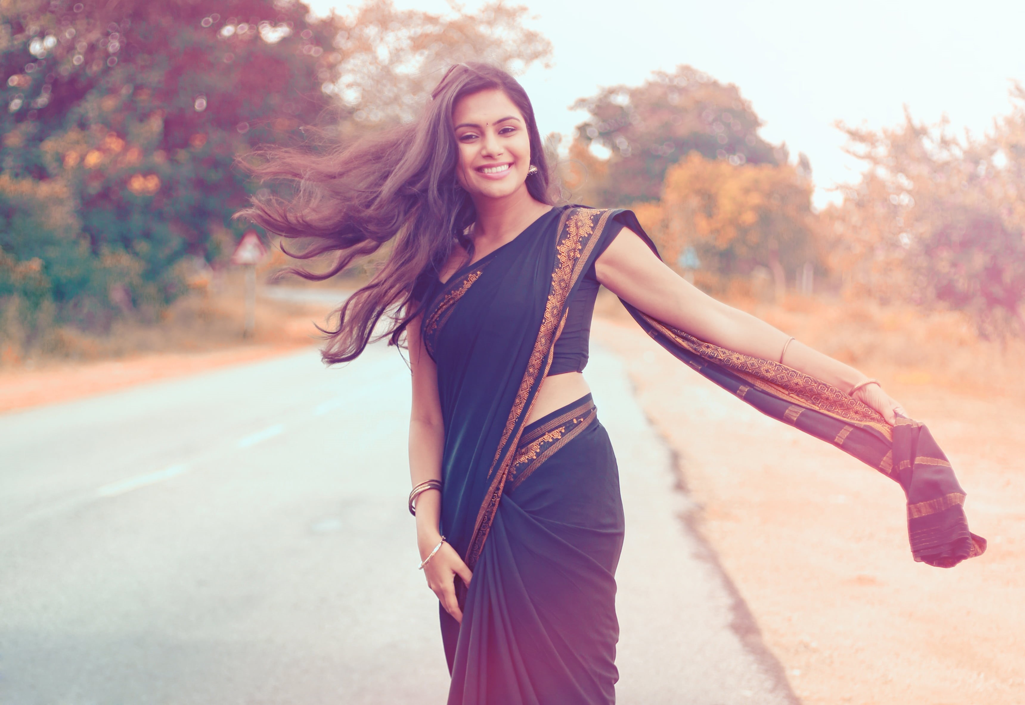 three quarter length, casual clothing, beautiful woman, young adult, sari, focus on foreground, looking at camera, women, front view, young women, s, road, HD Wallpaper